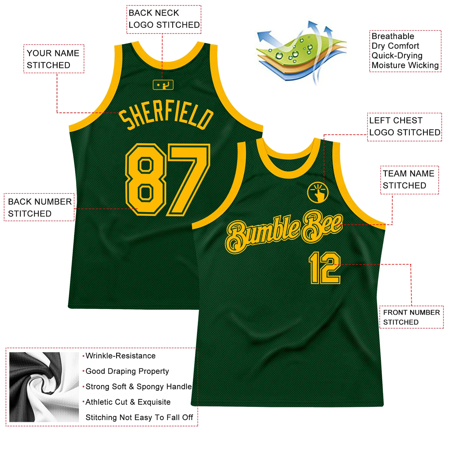 Custom Green Gold Authentic Throwback Basketball Jersey - Image 2