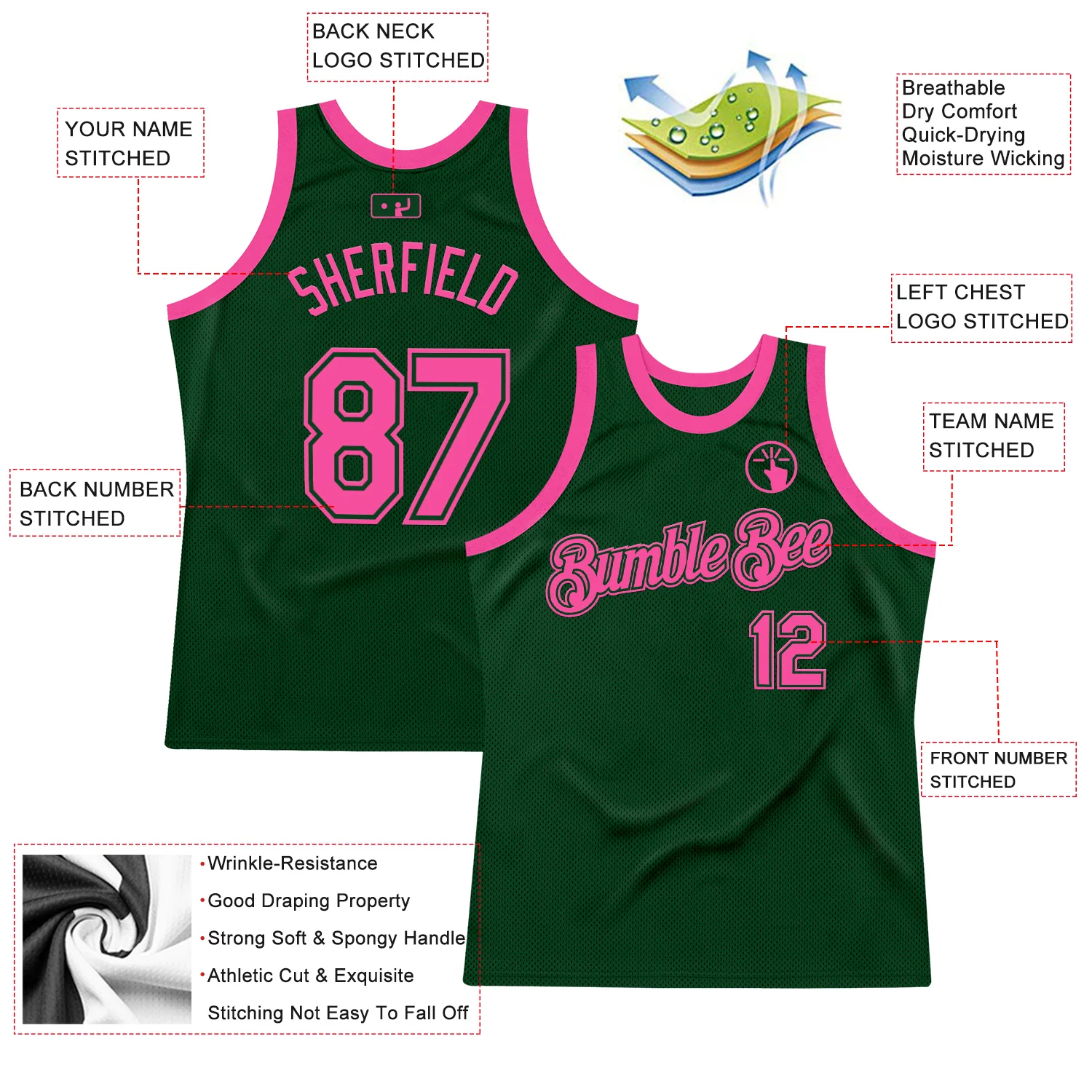 Custom Green Pink Authentic Throwback Basketball Jersey - Image 2