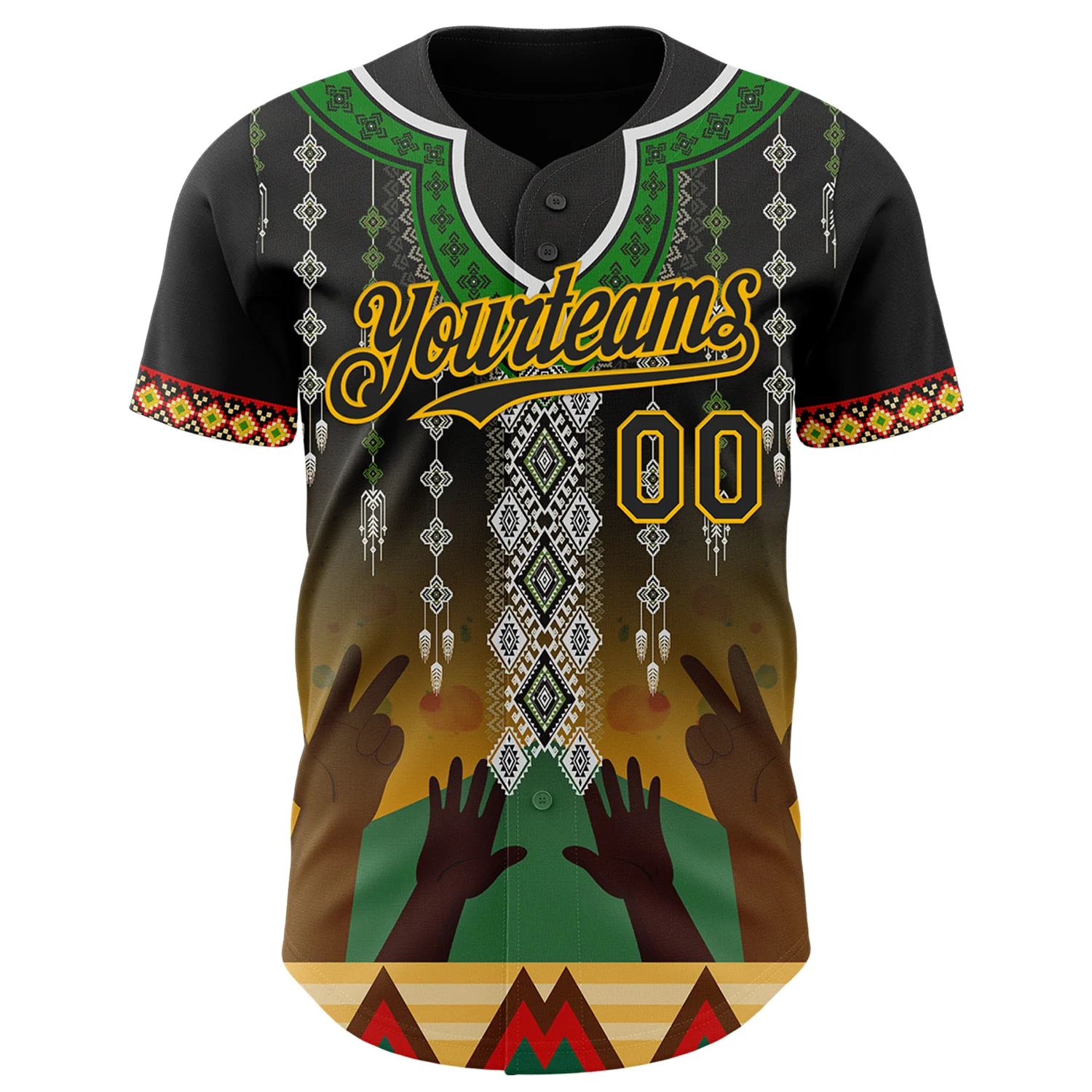 Custom Black Green Gold-Red Black History Month Africa Tribal Authentic Baseball Jersey - Image 2