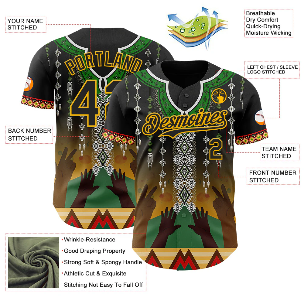 Custom Black Green Gold-Red Black History Month Africa Tribal Authentic Baseball Jersey - Image 3