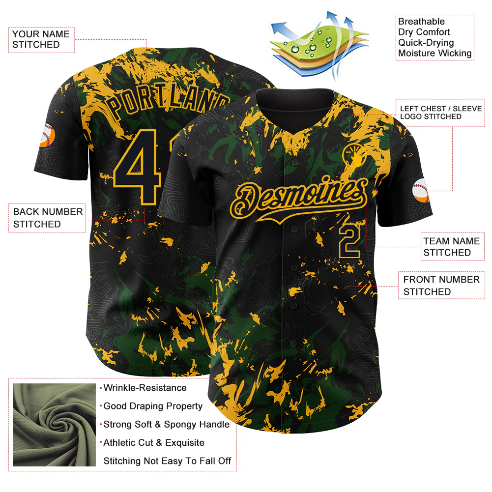 Custom Black Green-Gold Splash Authentic Baseball Jersey - Image 3