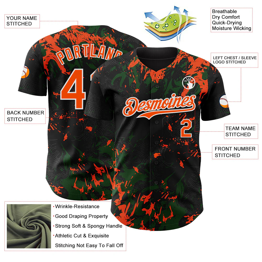 Custom Black Orange Green-White Splash Authentic Baseball Jersey - Image 3