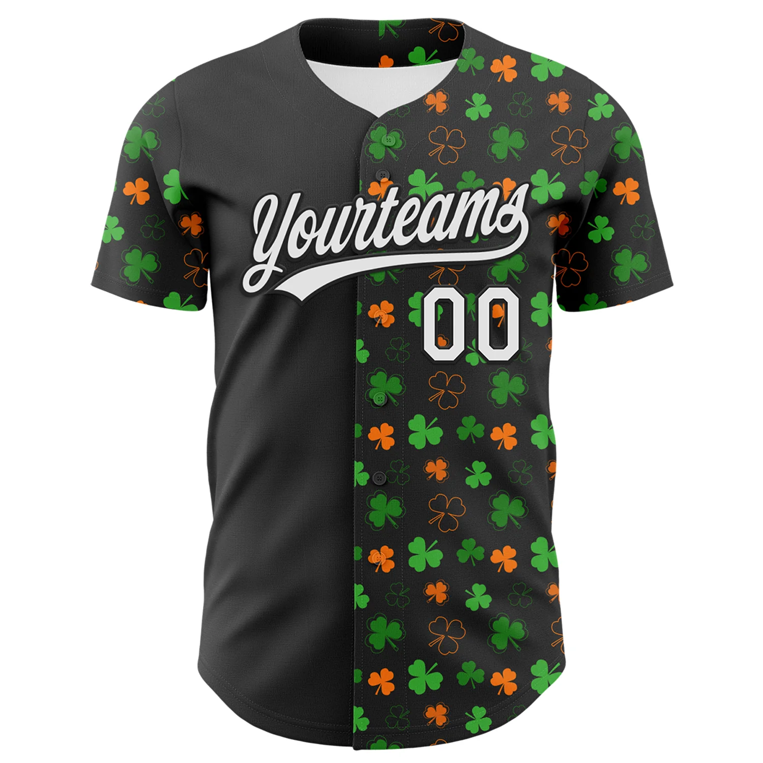 Custom Black Green-Bay Orange 3D St. Patrick's Day Shamrock Authentic Baseball Jersey - Image 2