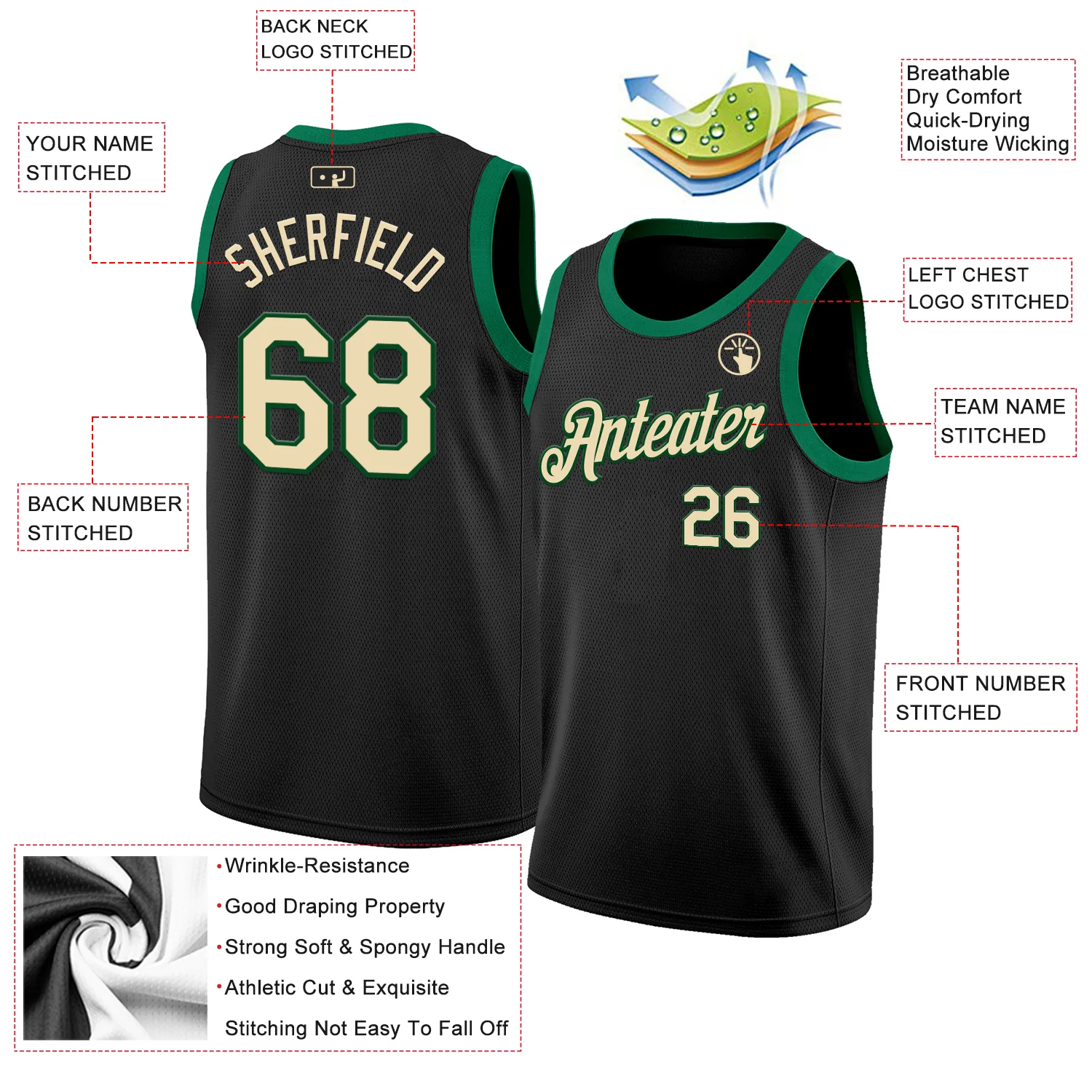 Custom Black Cream-Green Authentic Basketball Jersey - Image 2