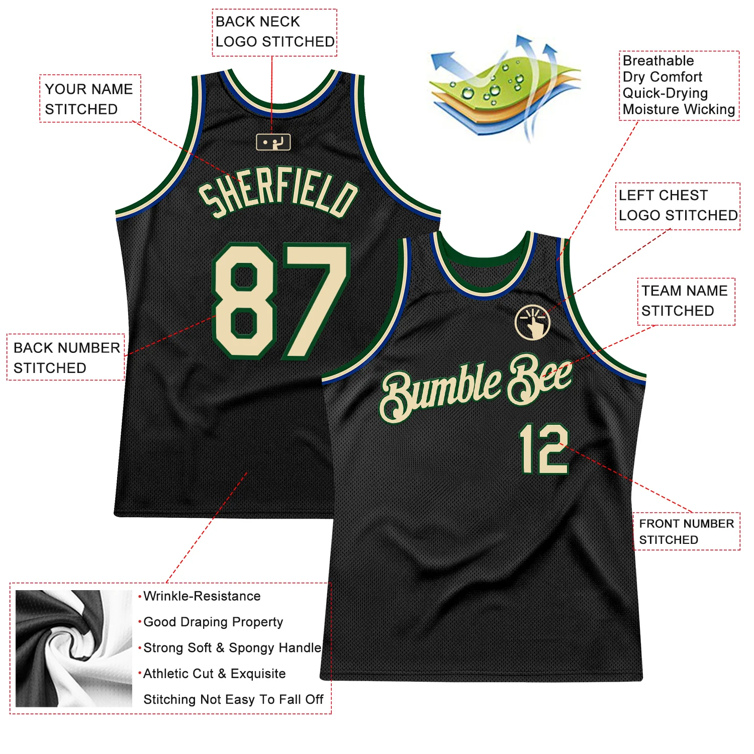 Custom Black Cream Green-Royal Authentic Throwback Basketball Jersey - Image 2