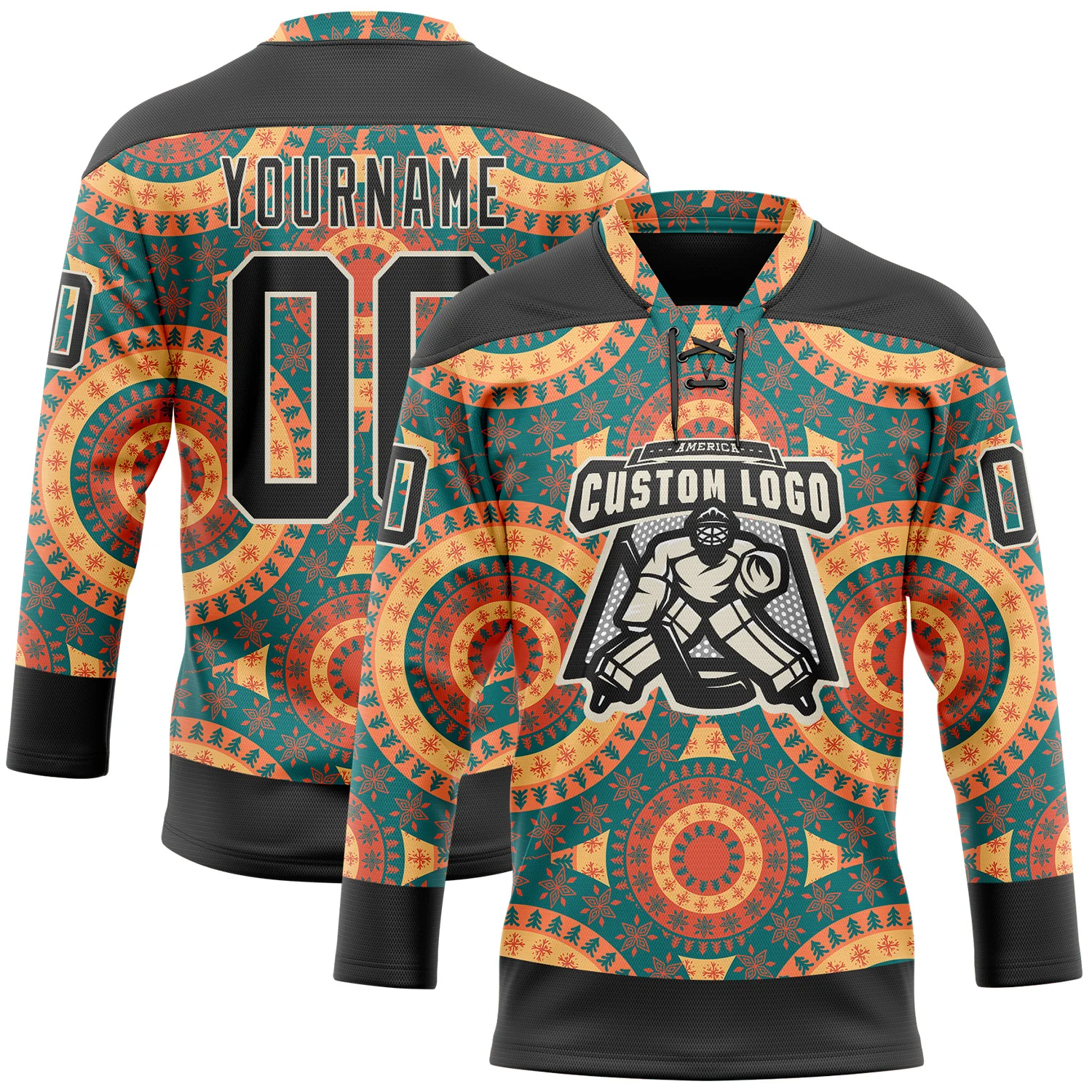 Custom Black Green Orange-Cream 3D Pattern Native Americans Tribal Indigenous People Hockey Lace Neck Jersey - Image 2