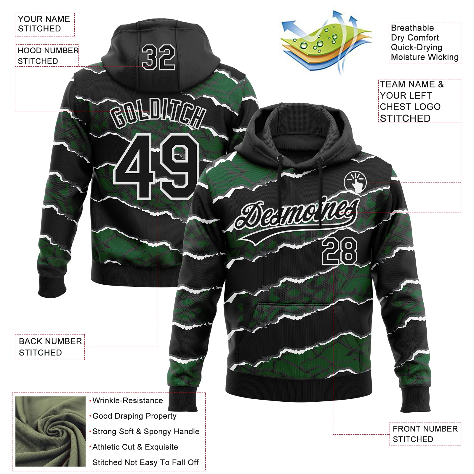 Custom Stitched Black Green-White 3D Pattern Design Torn Paper Style Sports Pullover Sweatshirt Hoodie - Image 2