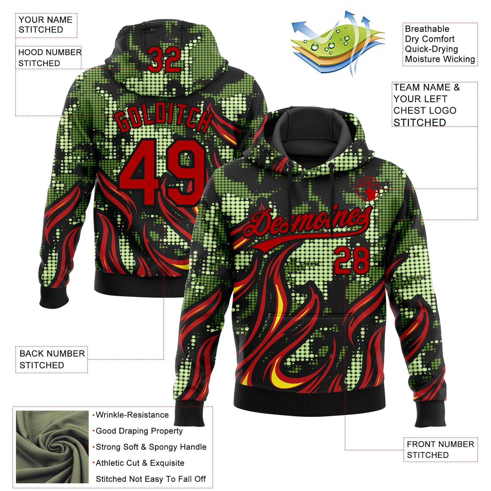 Custom Stitched Black Red Green-Yellow 3D Pattern Design Flame Sports Pullover Sweatshirt Hoodie - Image 2