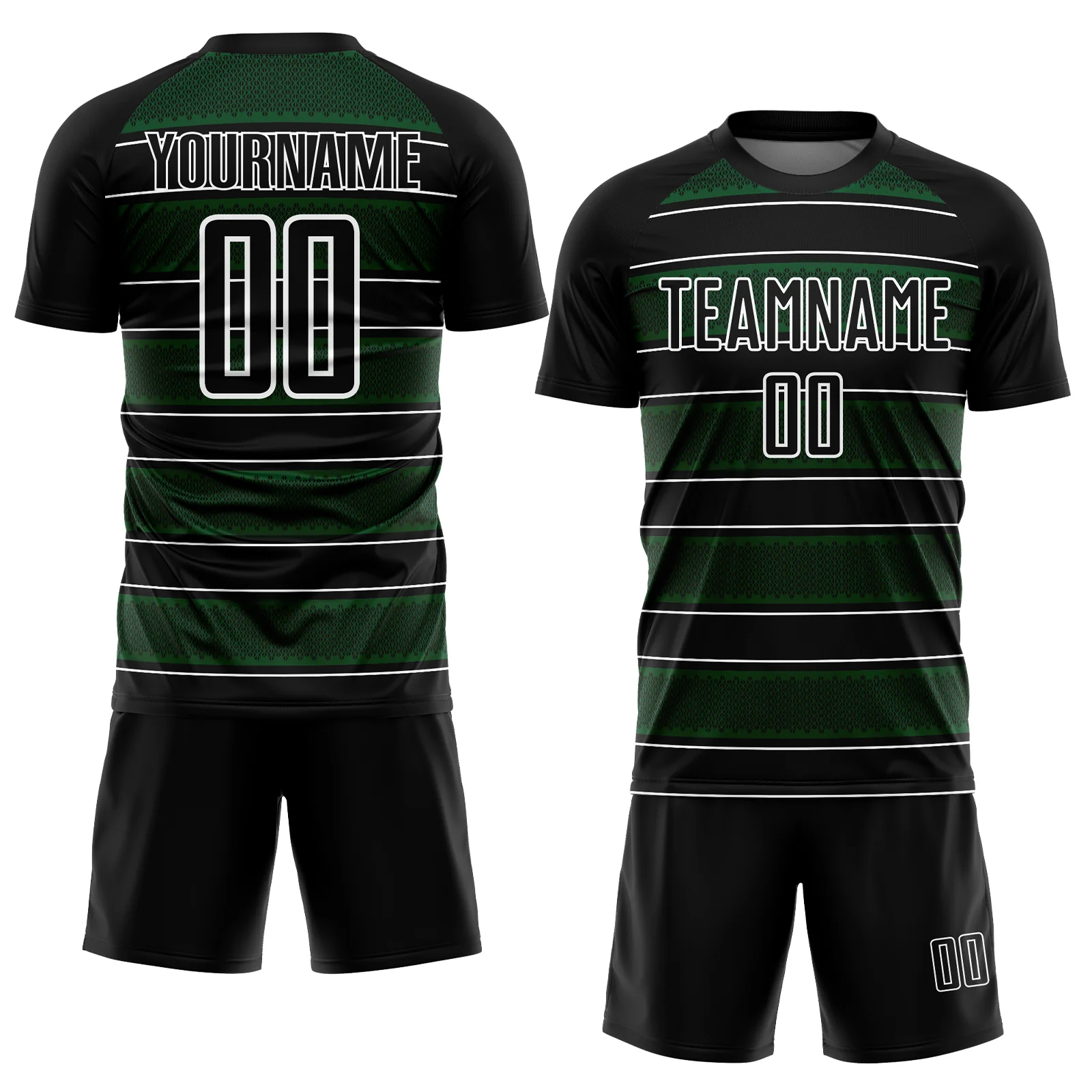 Custom Black Green-White Geometric Shapes And Line Sublimation Soccer Uniform Jersey - Image 2