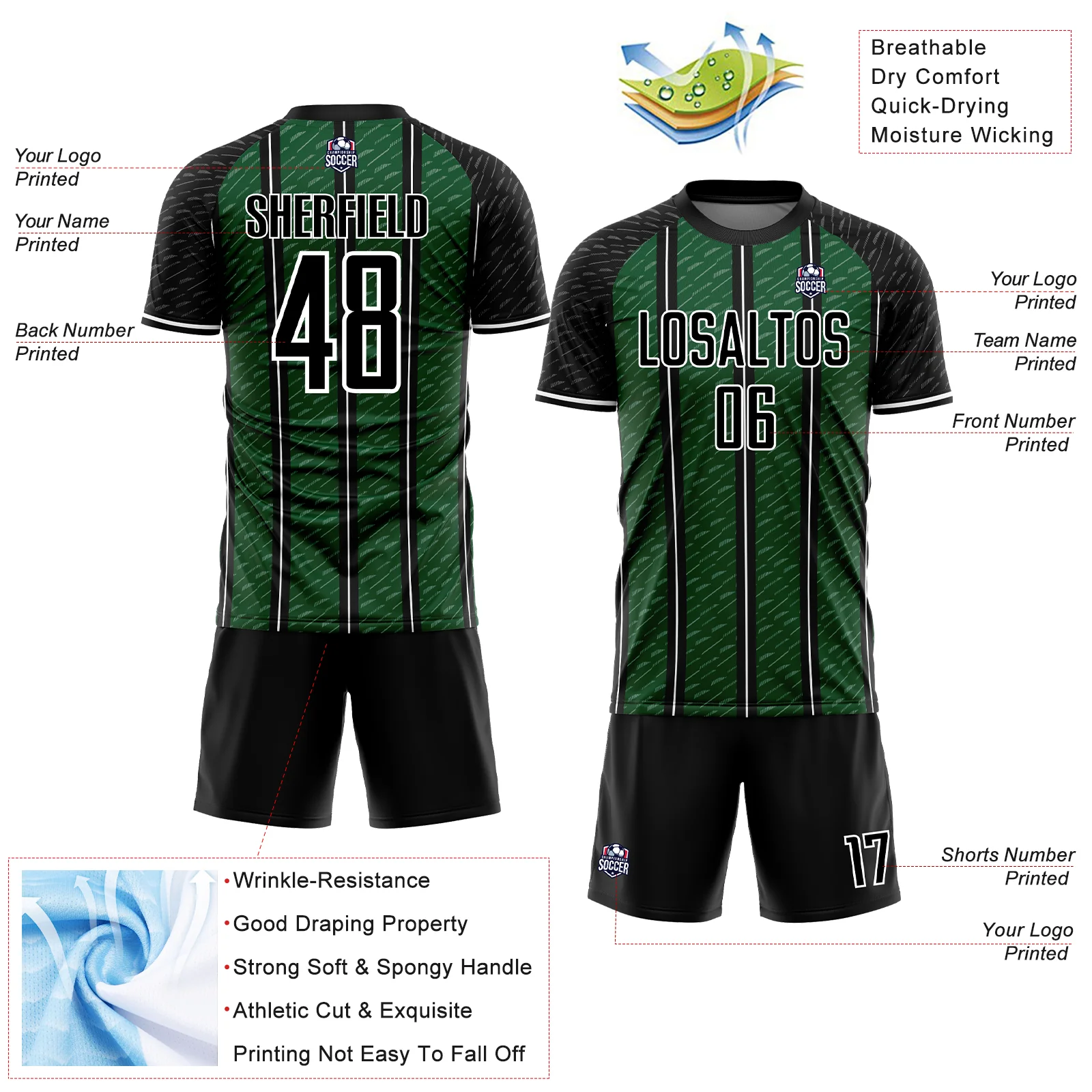 Custom Black Green-White Line Sublimation Soccer Uniform Jersey - Image 4