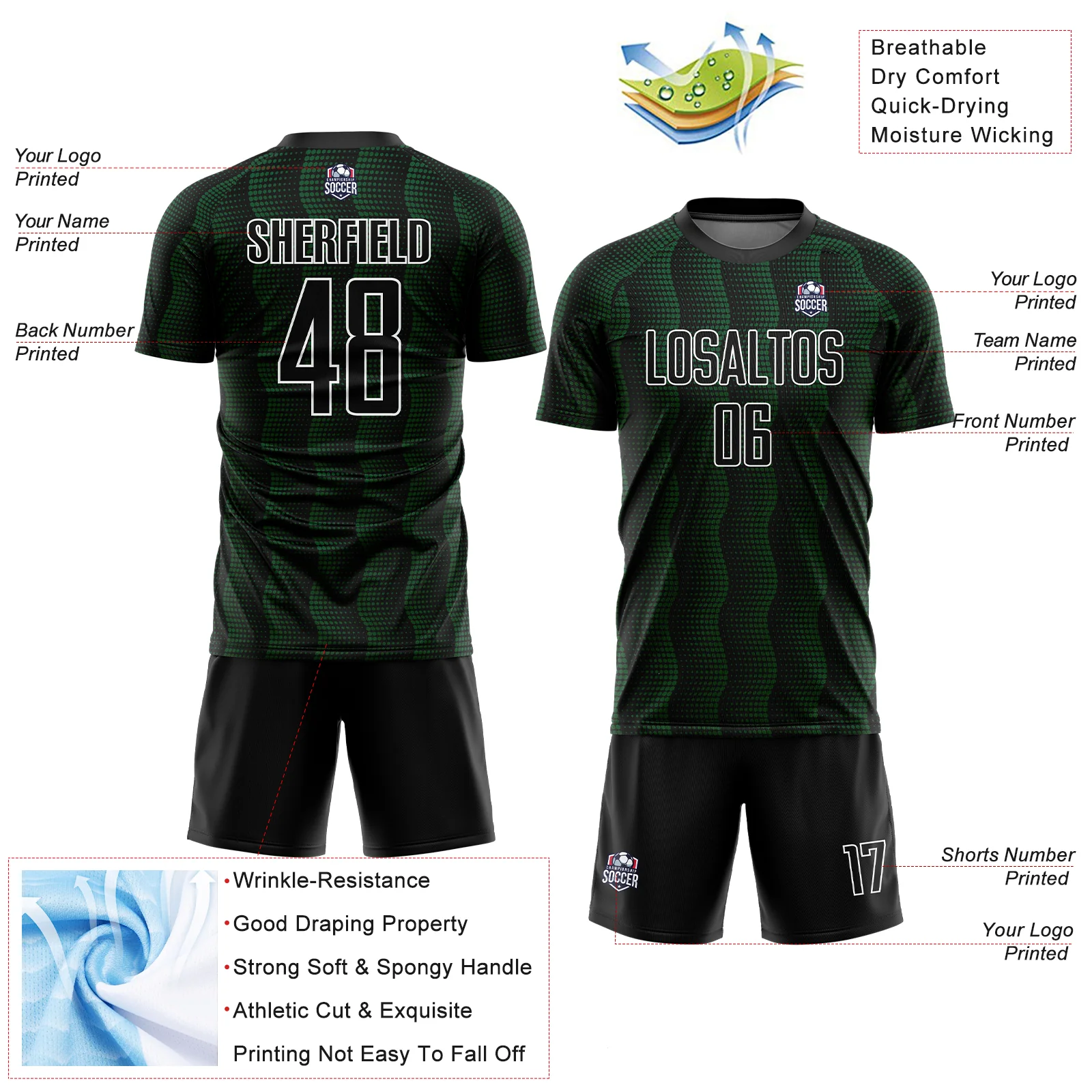 Custom Black Green-White Geometric Shape Sublimation Soccer Uniform Jersey - Image 4
