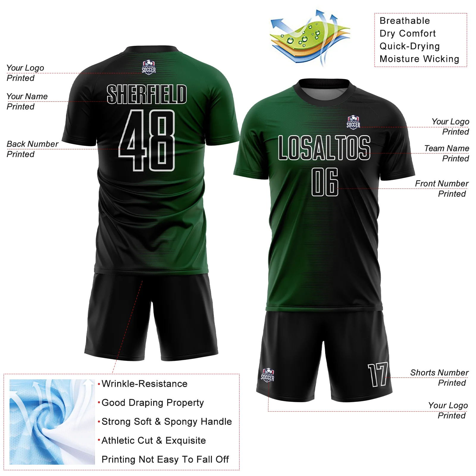 Custom Black Green-White Gradient Line Sublimation Soccer Uniform Jersey - Image 4