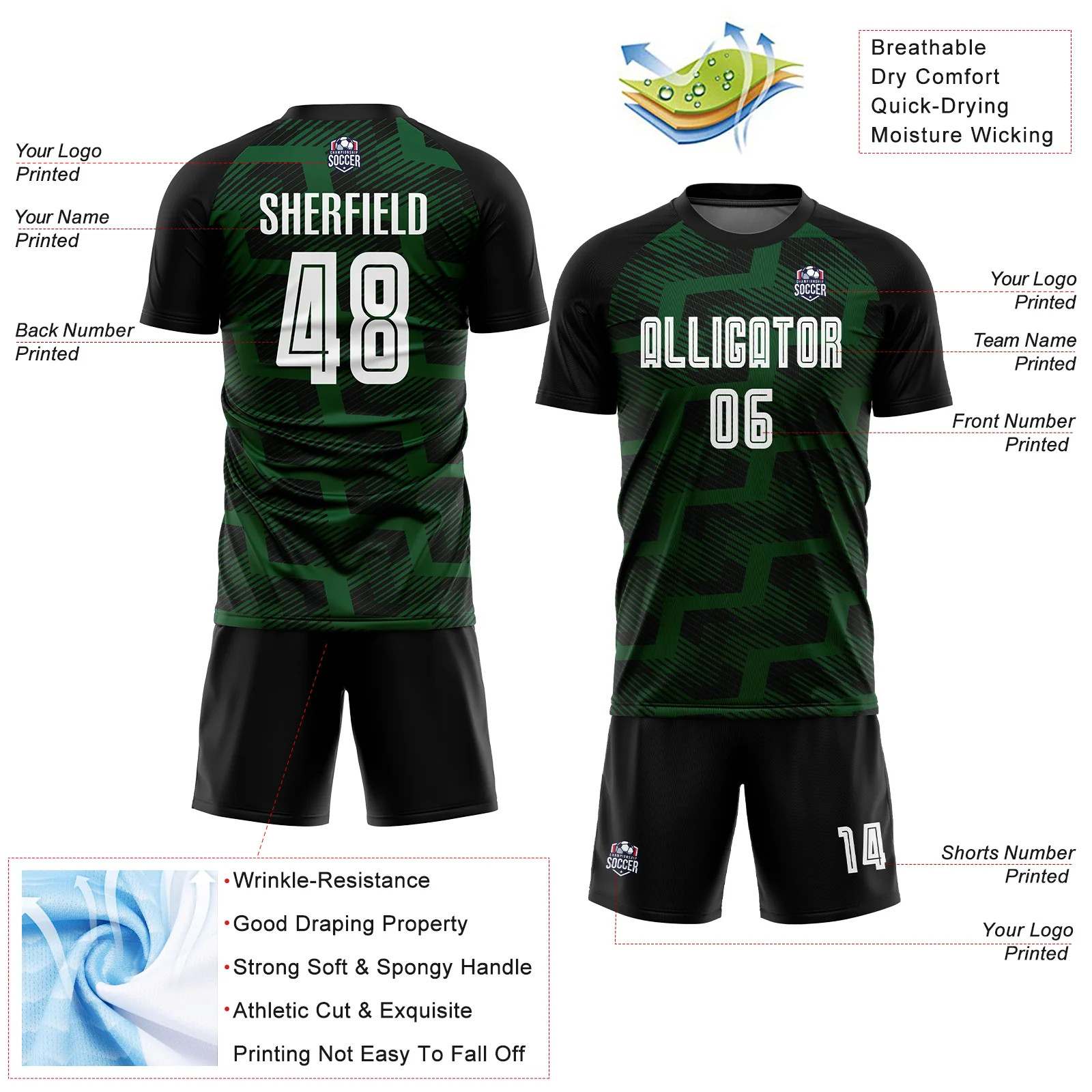 Custom Black White-Green Line Sublimation Soccer Uniform Jersey - Image 4