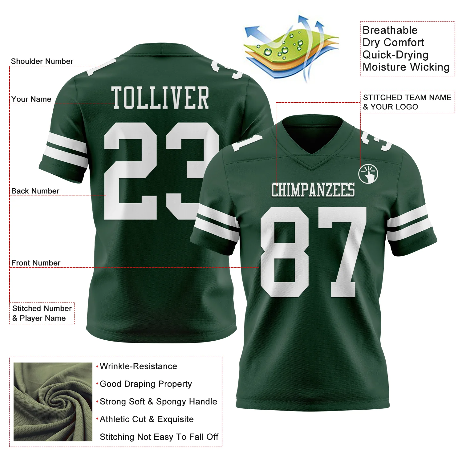 Custom Green White Authentic Football Jersey - Image 3
