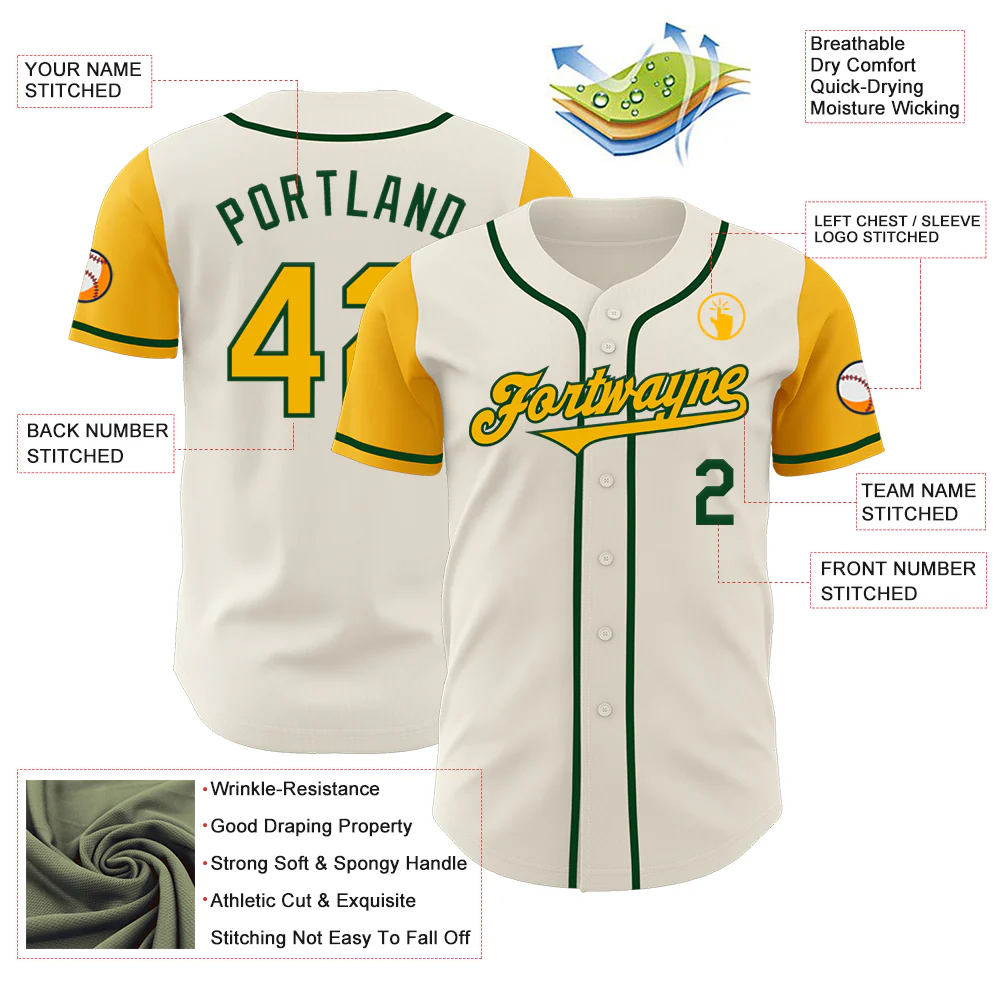 Custom Cream Gold-Green Authentic Two Tone Baseball Jersey - Image 3