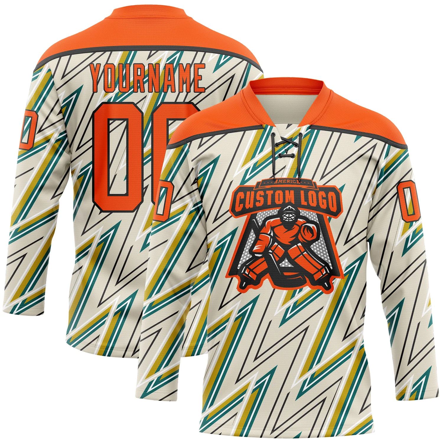 Custom Cream Orange Green Yellow-Black Lightning Hockey Lace Neck Jersey - Image 2