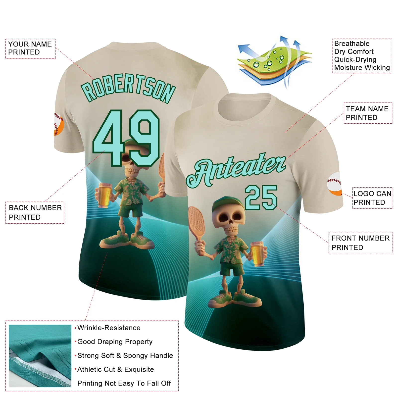 Custom Cream Ice Blue-Green 3D Funny Pickleball Paddles Skeleton Performance T-Shirt - Image 2