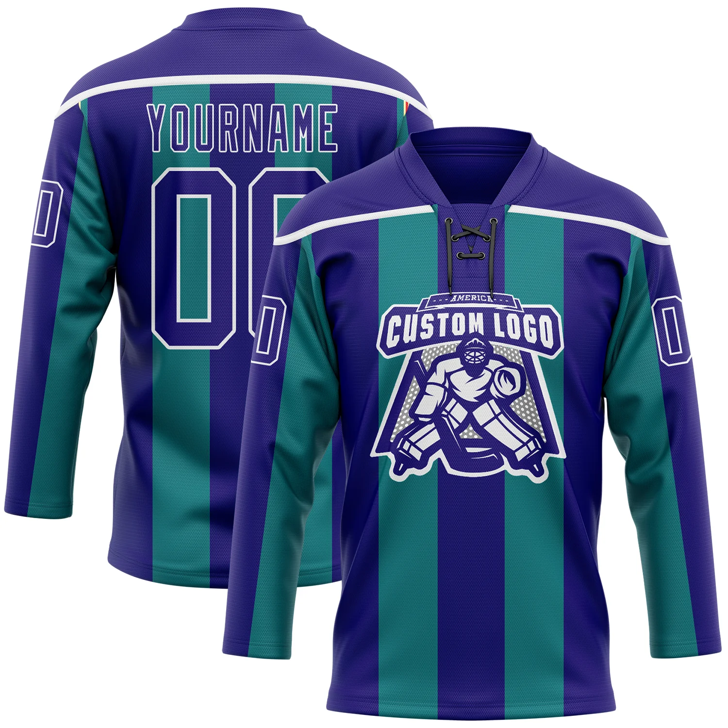 Custom Dark Purple Green-White Stripe Hockey Lace Neck Jersey - Image 2