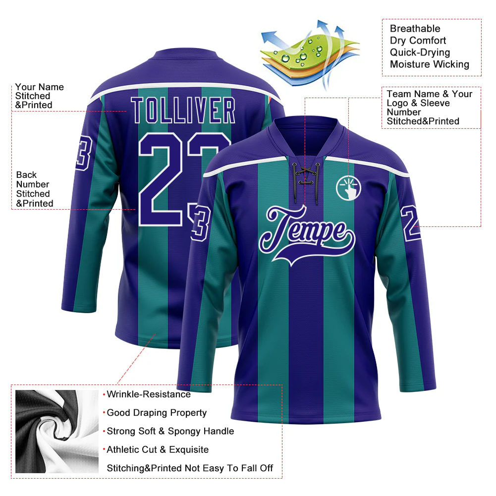 Custom Dark Purple Green-White Stripe Hockey Lace Neck Jersey - Image 5