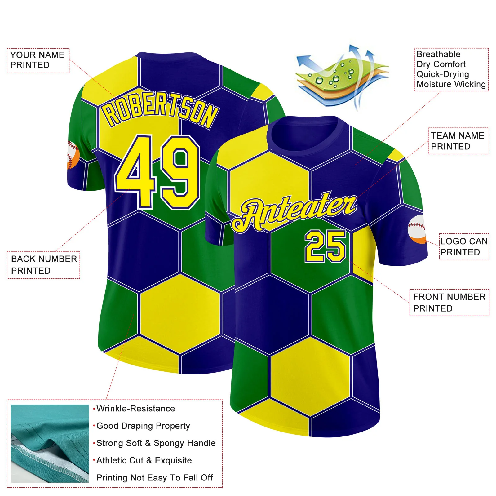 Custom Dark Purple Light Yellow Green-White Brazil Hexagons Geometric Shape Soccer Jersey Performance T-Shirt - Image 2