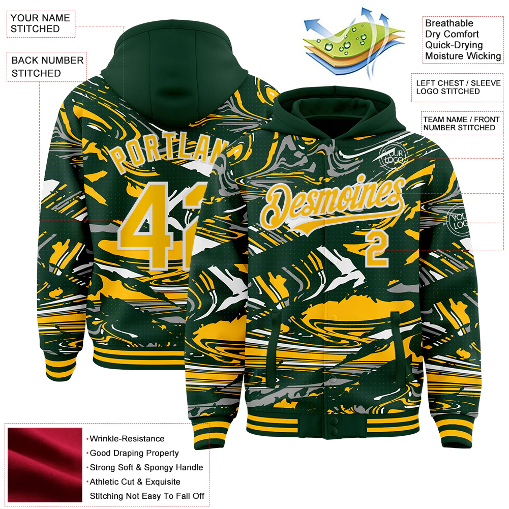 Custom Figure Gold Green-White Fluid Pattern Bomber Full-Snap Varsity Letterman Hoodie Jacket - Image 4