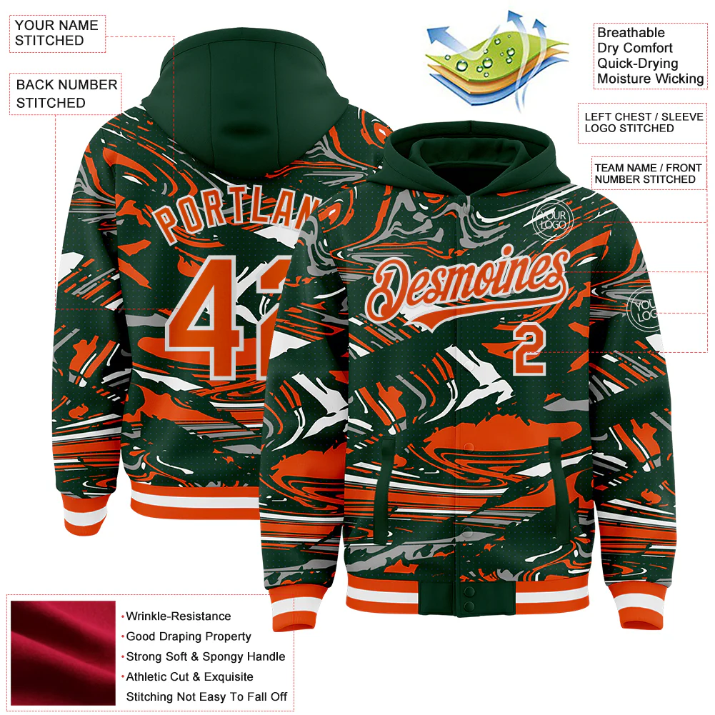 Custom Figure Orange Green-White Fluid Pattern Bomber Full-Snap Varsity Letterman Hoodie Jacket - Image 4