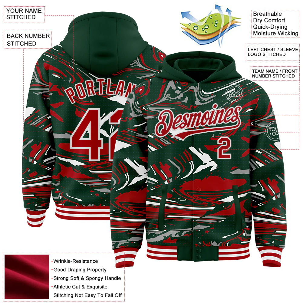 Custom Figure Red Green-White Fluid Pattern Bomber Full-Snap Varsity Letterman Hoodie Jacket - Image 4