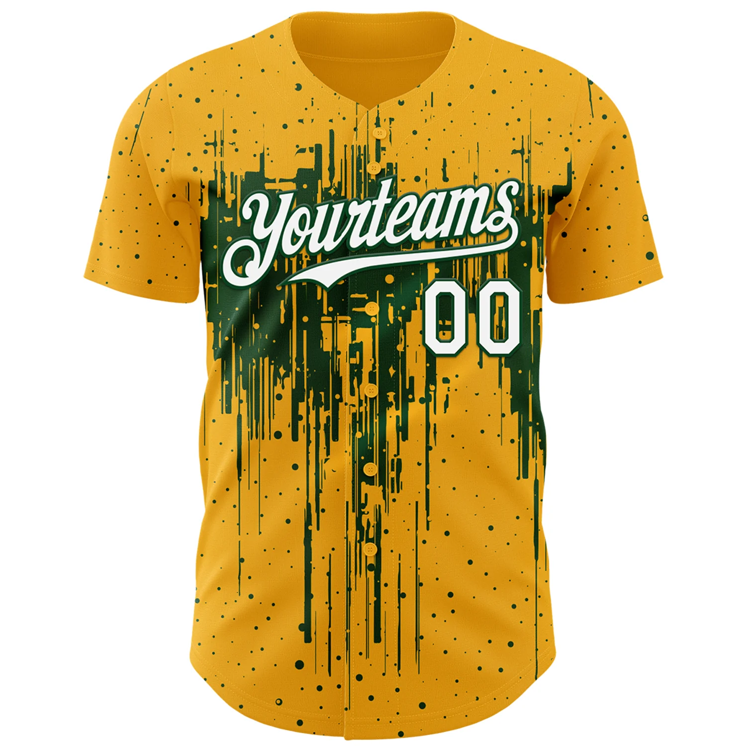 Custom Gold White-Green Dripping Splatter Paint Authentic Baseball Jersey - Image 2