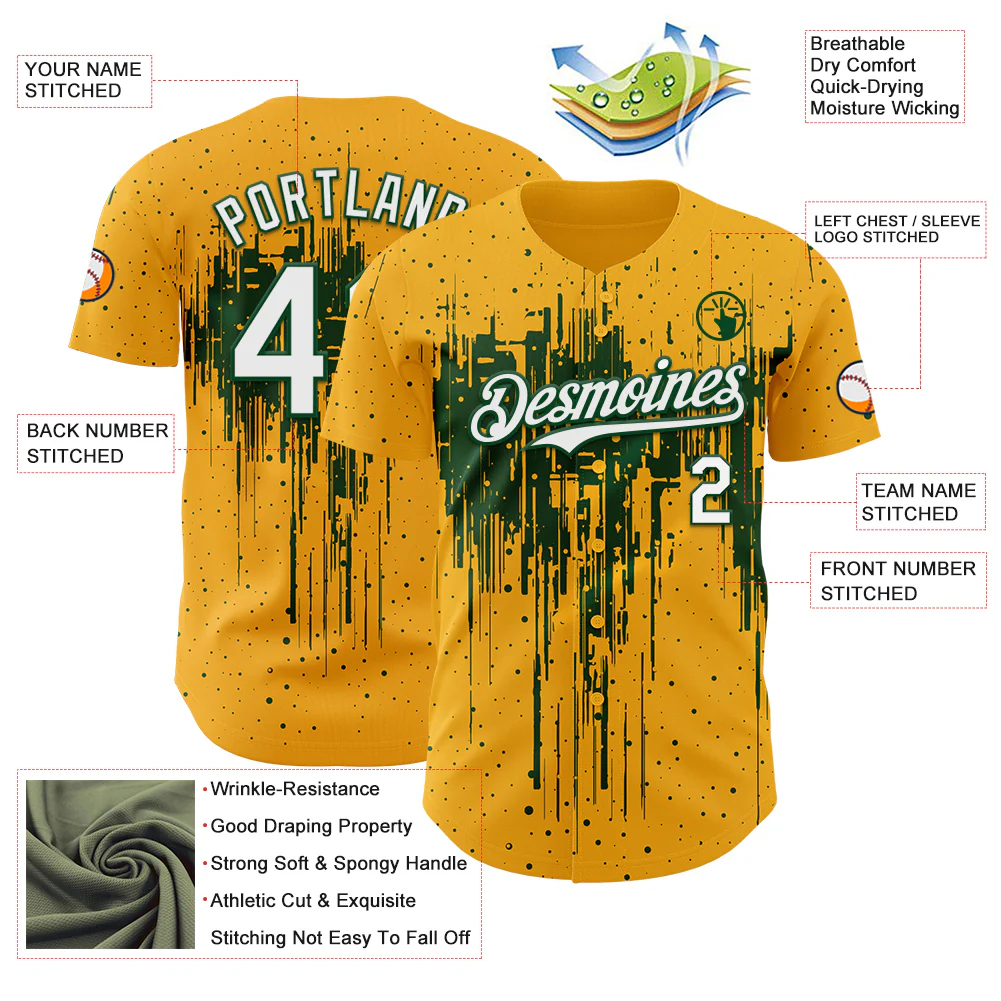Custom Gold White-Green Dripping Splatter Paint Authentic Baseball Jersey - Image 3