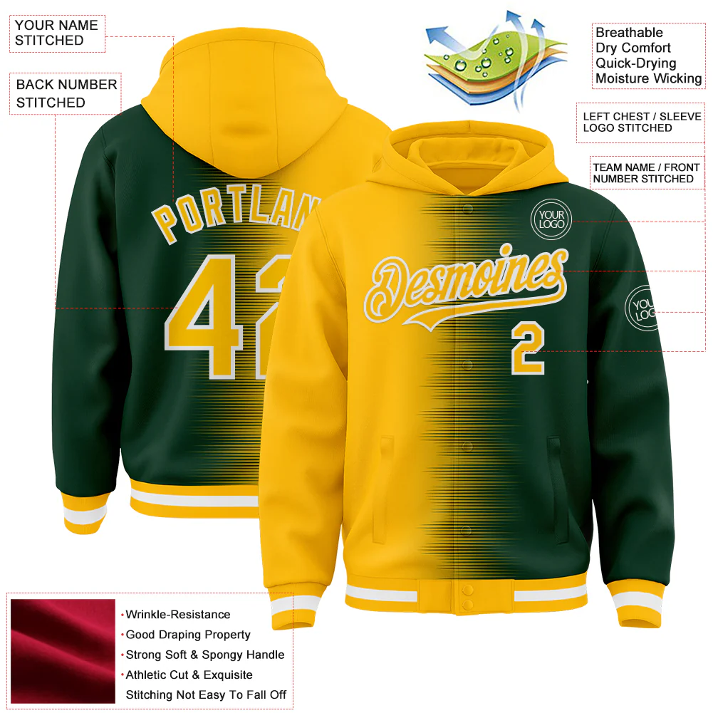 Custom Gold Green-White Gradient Line Bomber Full-Snap Varsity Letterman Hoodie Jacket - Image 4
