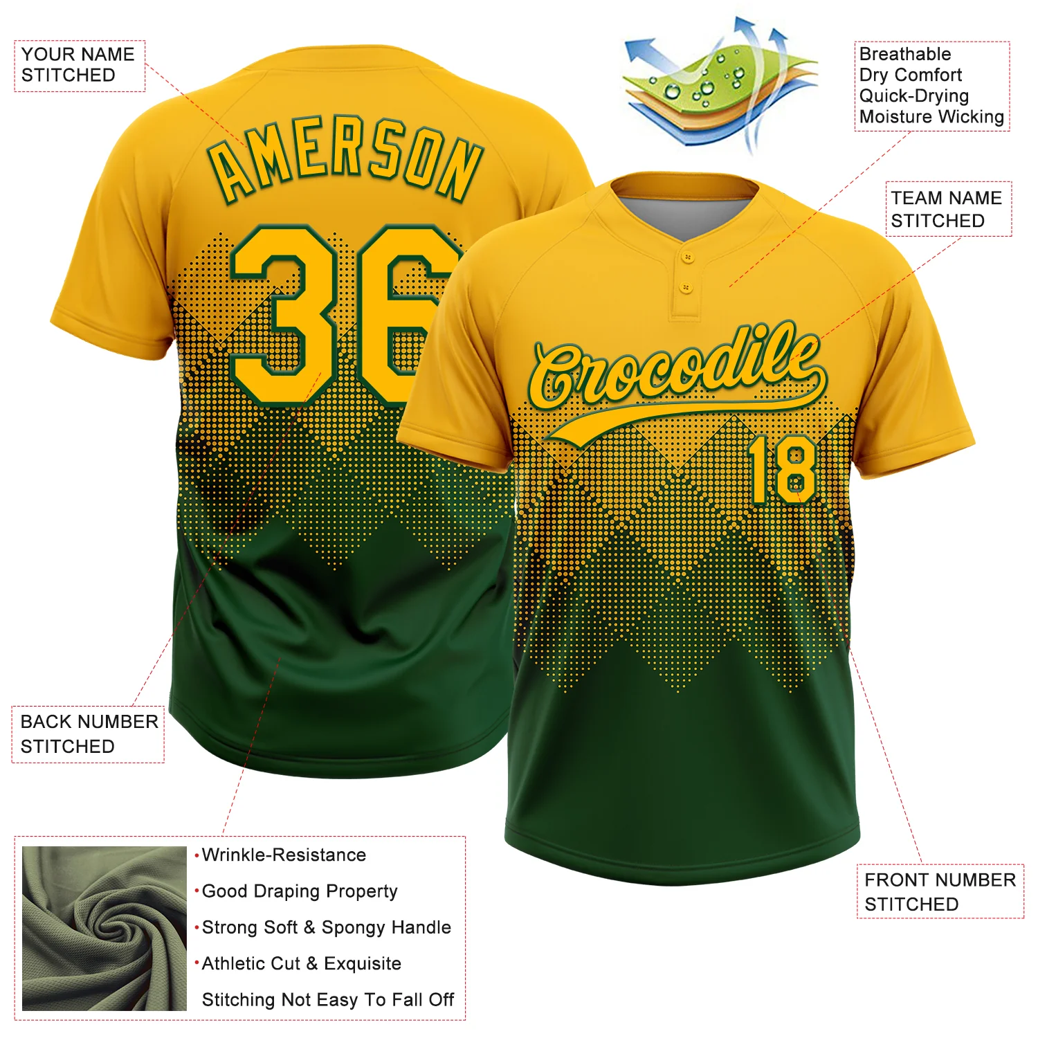 Custom Gold Green 3D Gradient Square Shape Two-Button Unisex Softball Jersey - Image 3