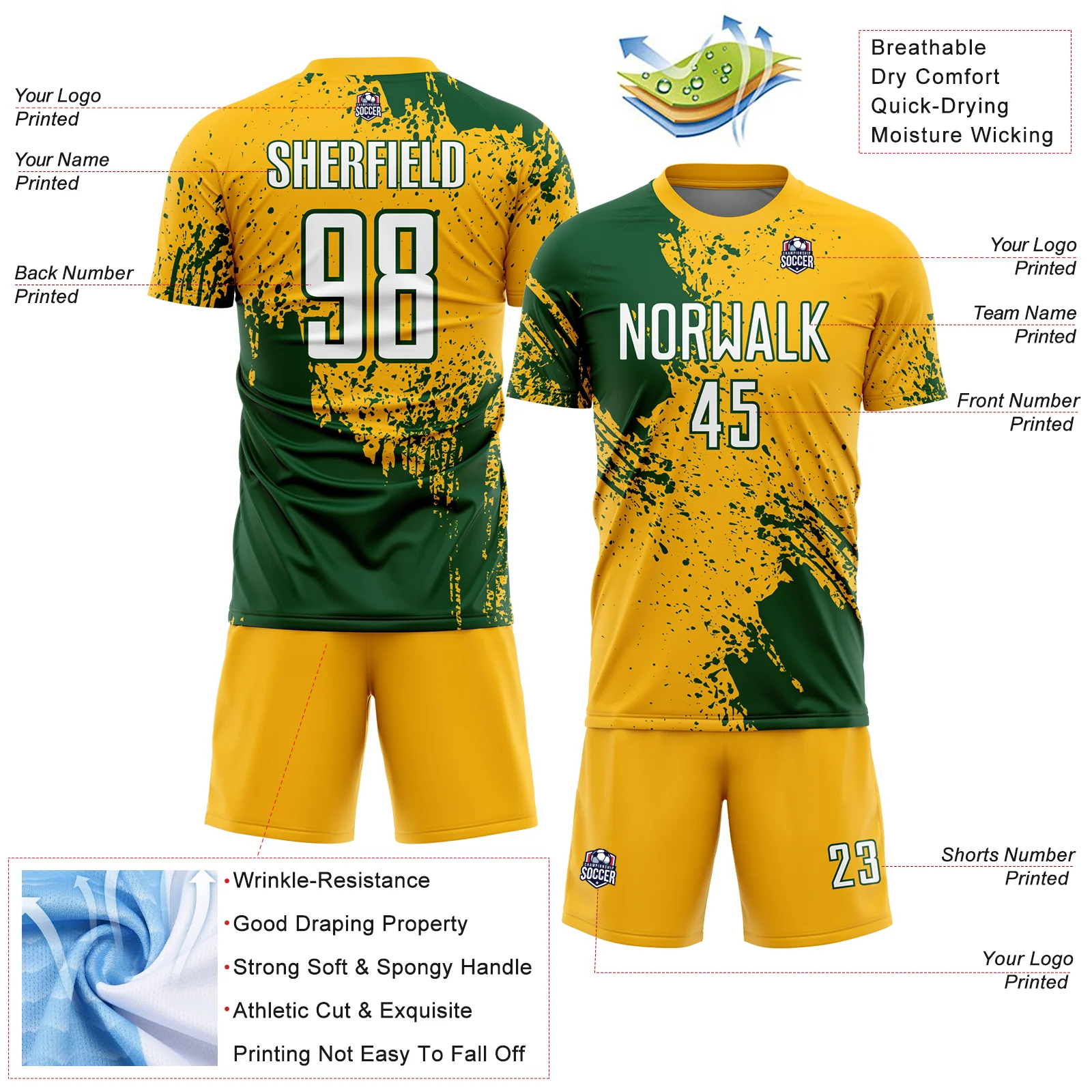 Custom Gold White-Green Abstract Brush Stroke Sports Sublimation Soccer Uniform Jersey - Image 4