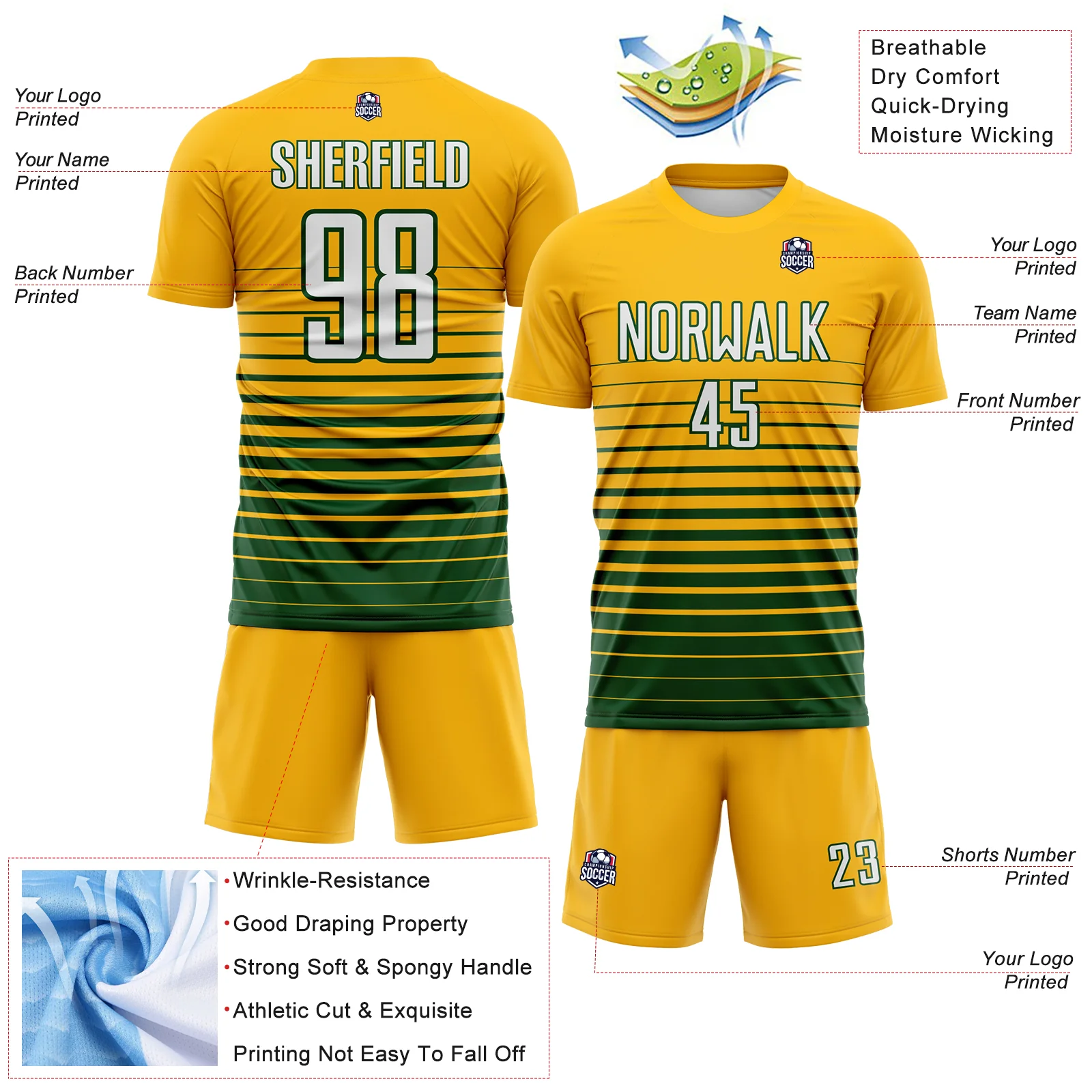 Custom Gold White-Green Gradient Pinstripe Sublimation Soccer Uniform Jersey - Image 4
