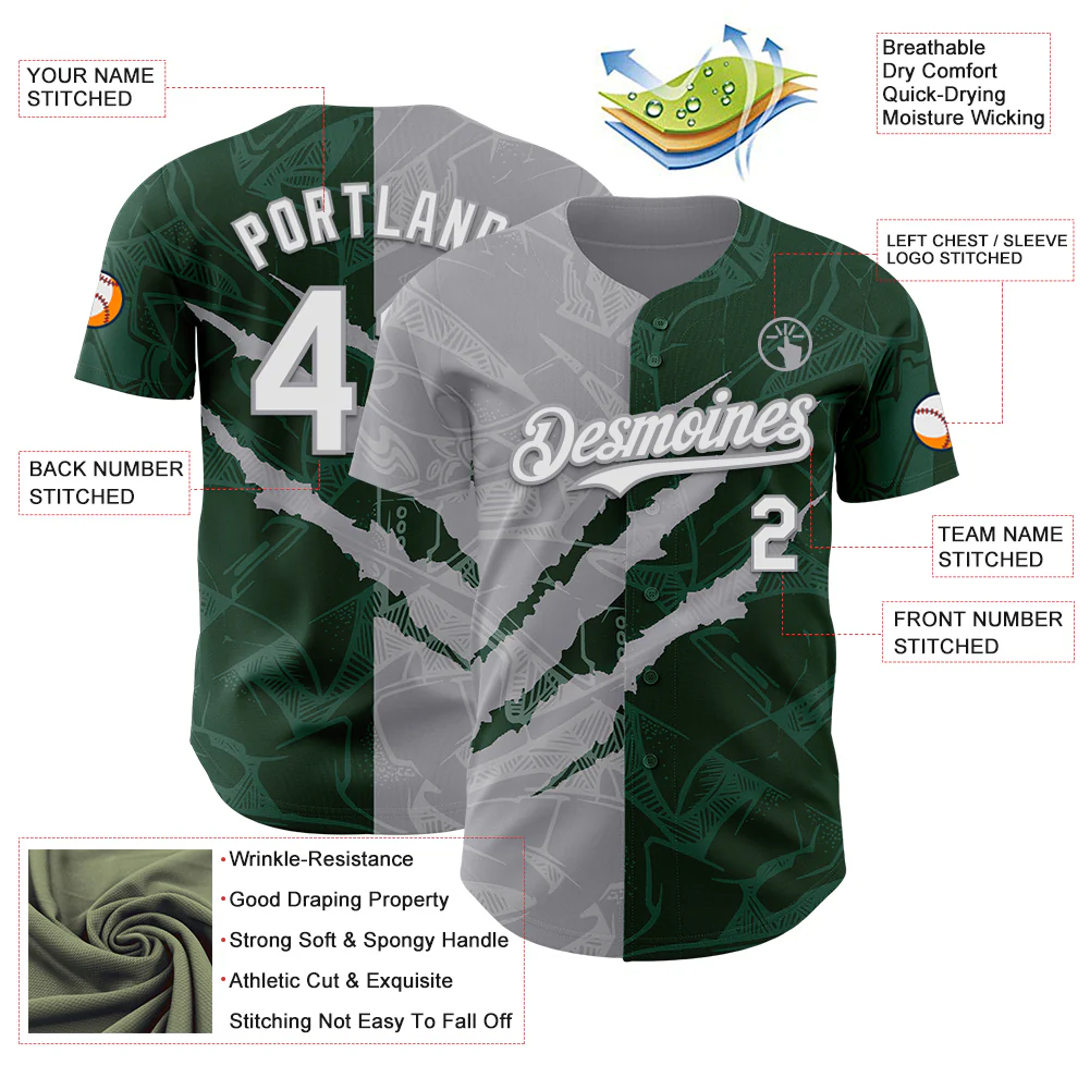 Custom Graffiti Pattern White Green-Gray 3D Scratch Authentic Baseball Jersey - Image 3
