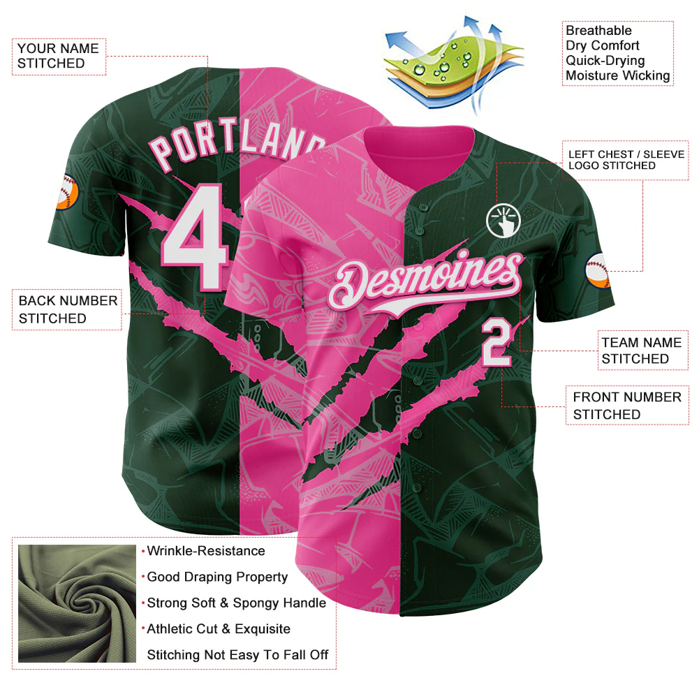 Custom Graffiti Pattern White Green-Pink 3D Scratch Authentic Baseball Jersey - Image 3