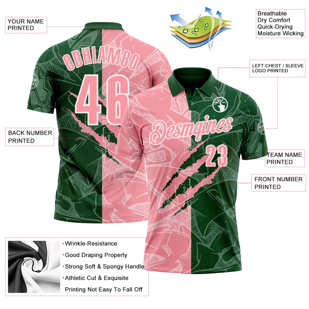 Custom Graffiti Pattern Medium Pink Green-White 3D Scratch Performance Polo Shirt - Image 3