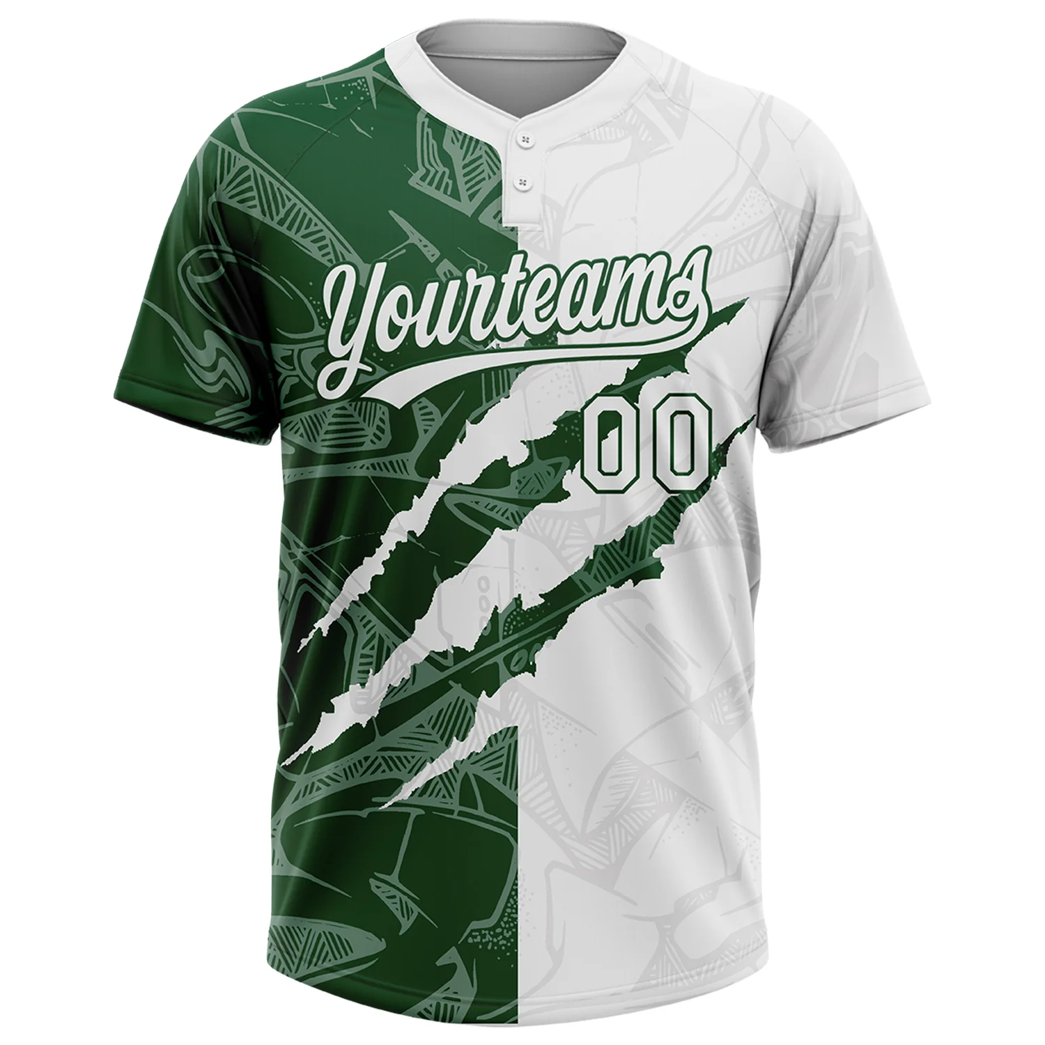 Custom Graffiti Pattern White-Green 3D Scratch Two-Button Unisex Softball Jersey - Image 2