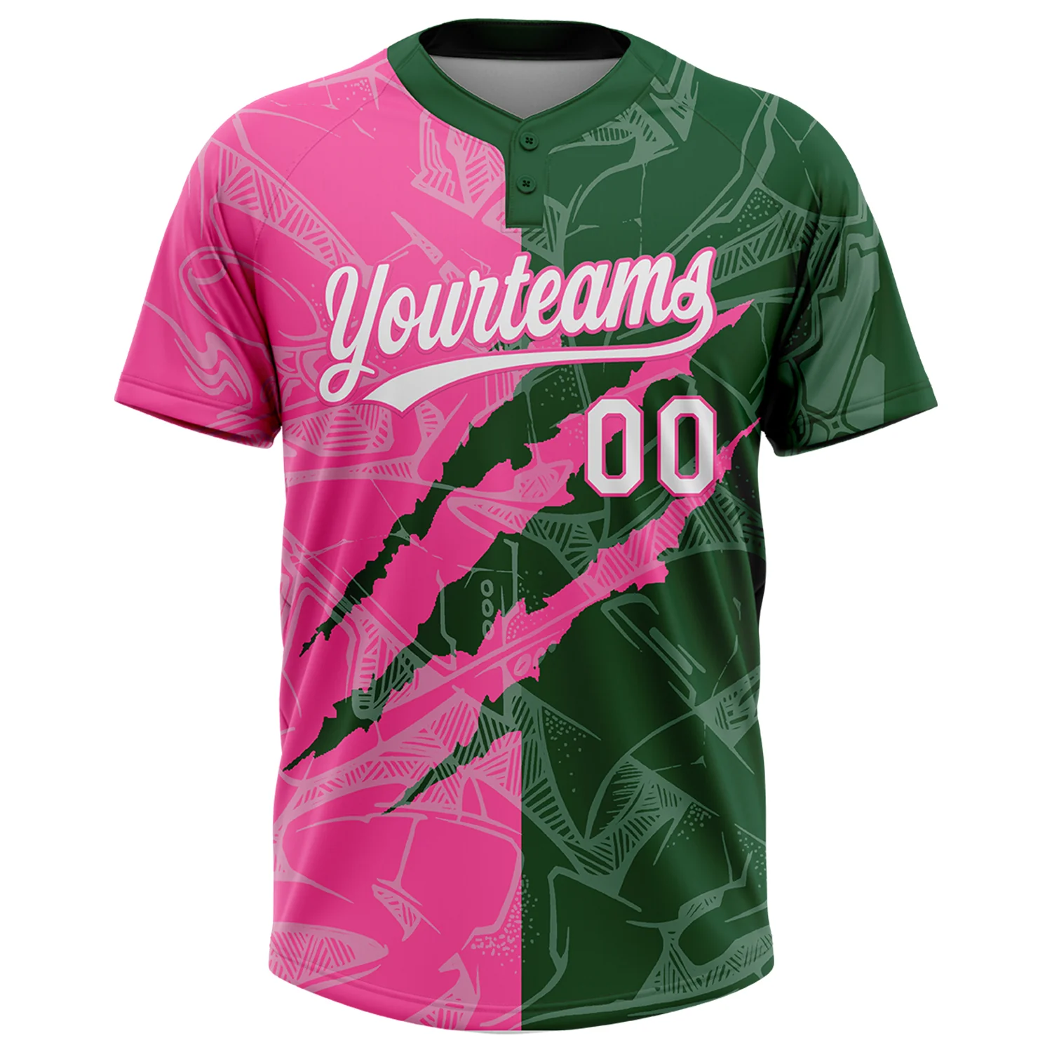 Custom Graffiti Pattern White Green-Pink 3D Scratch Two-Button Unisex Softball Jersey - Image 2