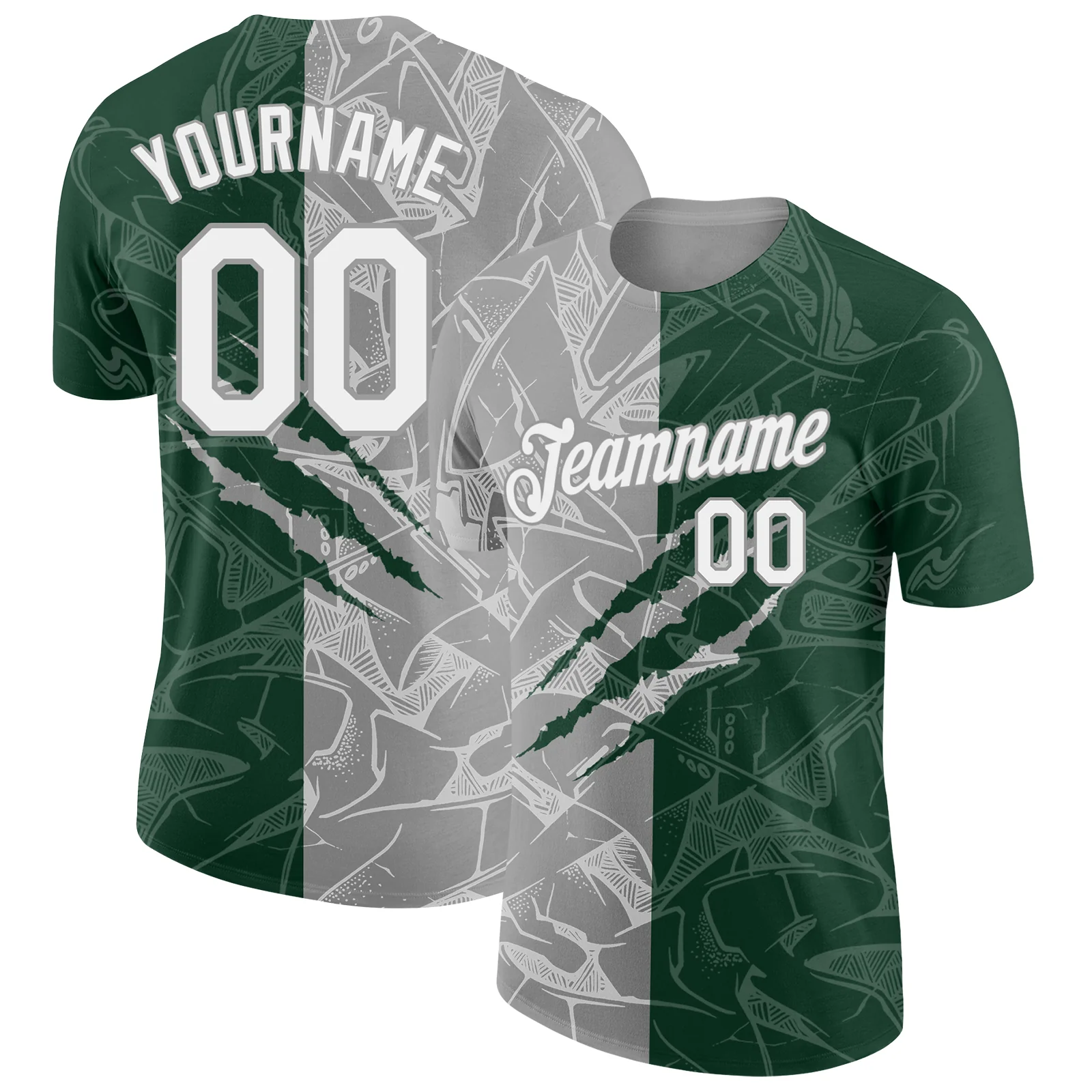 Custom Graffiti Pattern White Green-Gray Scratch 3D Performance T-Shirt