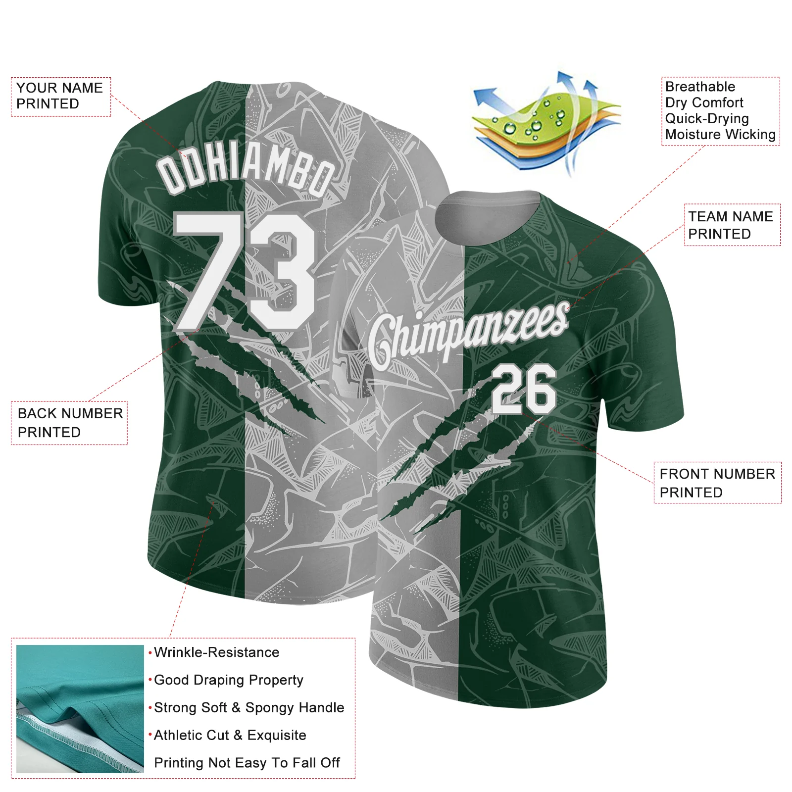 Custom Graffiti Pattern White Green-Gray Scratch 3D Performance T-Shirt - Image 2