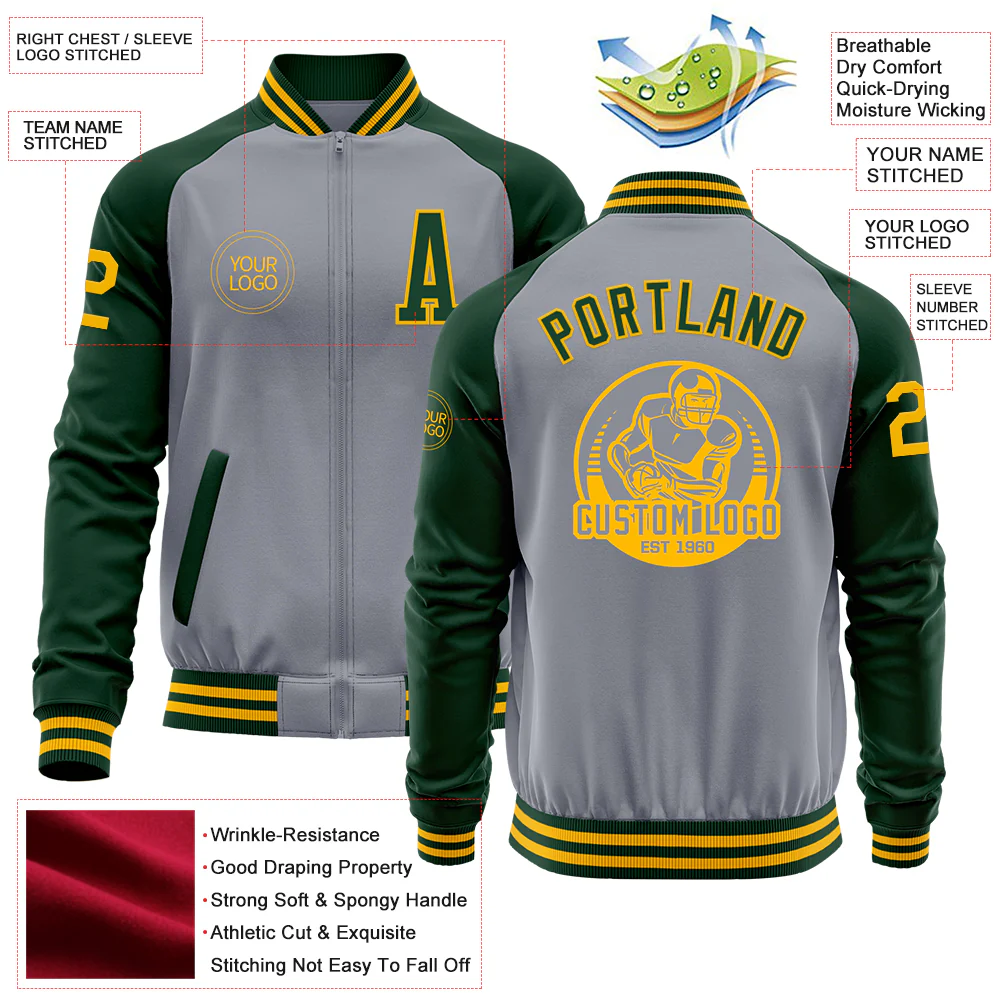 Custom Gray Gold-Green Bomber Varsity Letterman Two Tone Zipper Jacket - Image 4