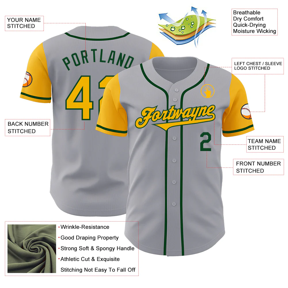 Custom Gray Gold-Green Authentic Two Tone Baseball Jersey - Image 3