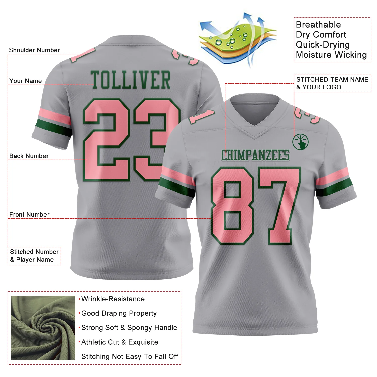 Custom Gray Medium Pink-Green Authentic Football Jersey - Image 3