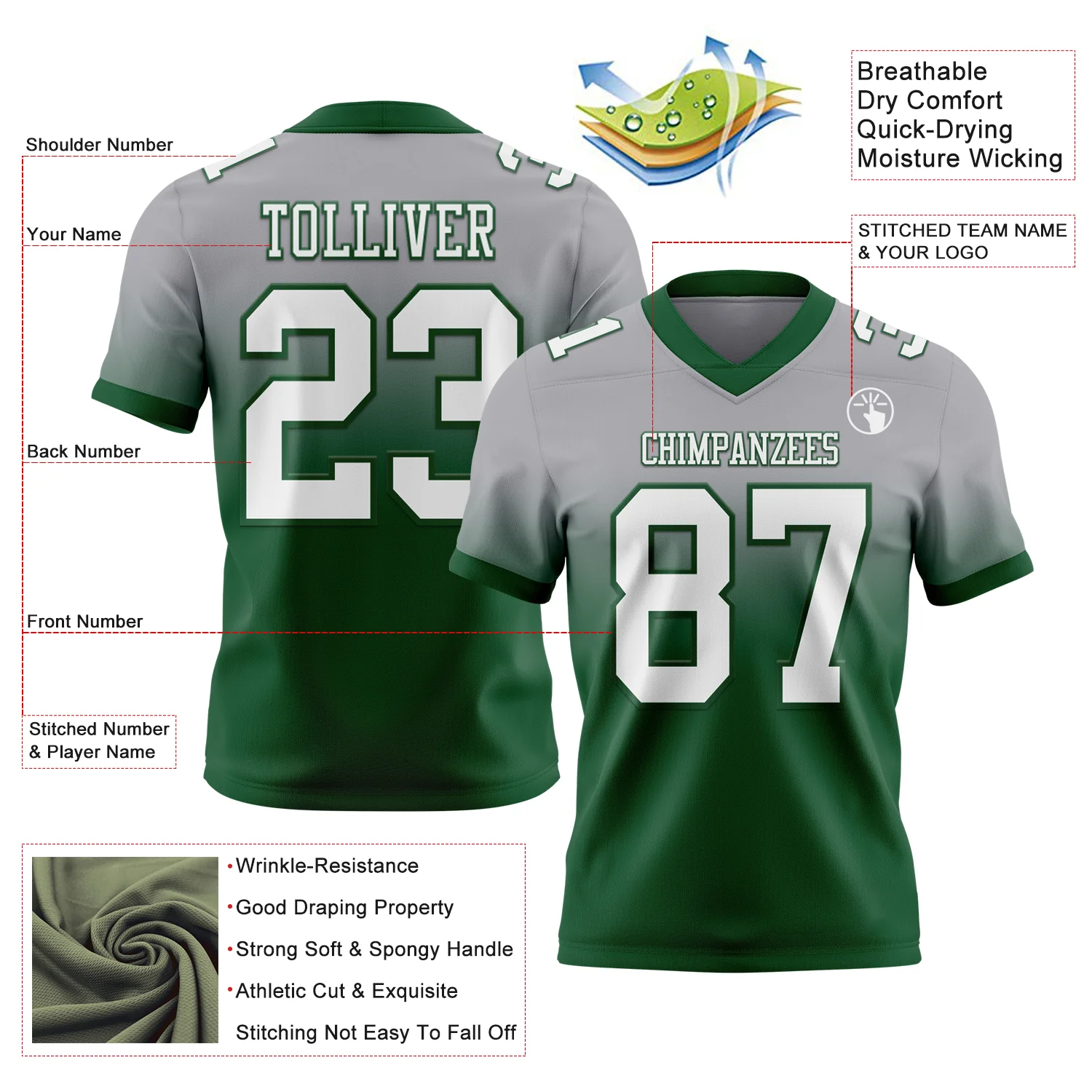 Custom Gray White-Green Authentic Fade Fashion Football Jersey - Image 2