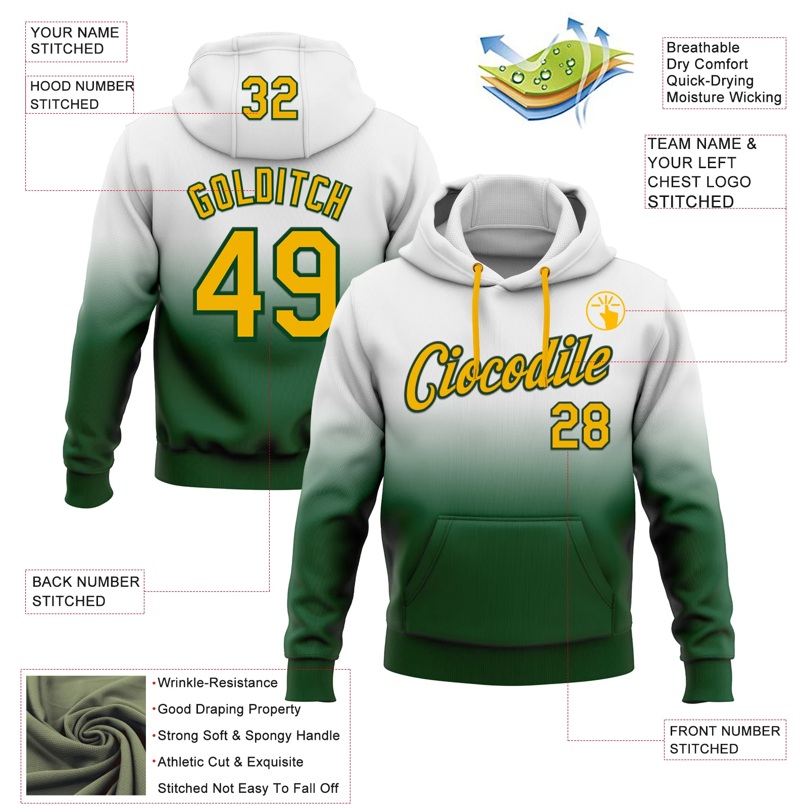Custom Stitched White Gold-Green Fade Fashion Sports Pullover Sweatshirt Hoodie - Image 2