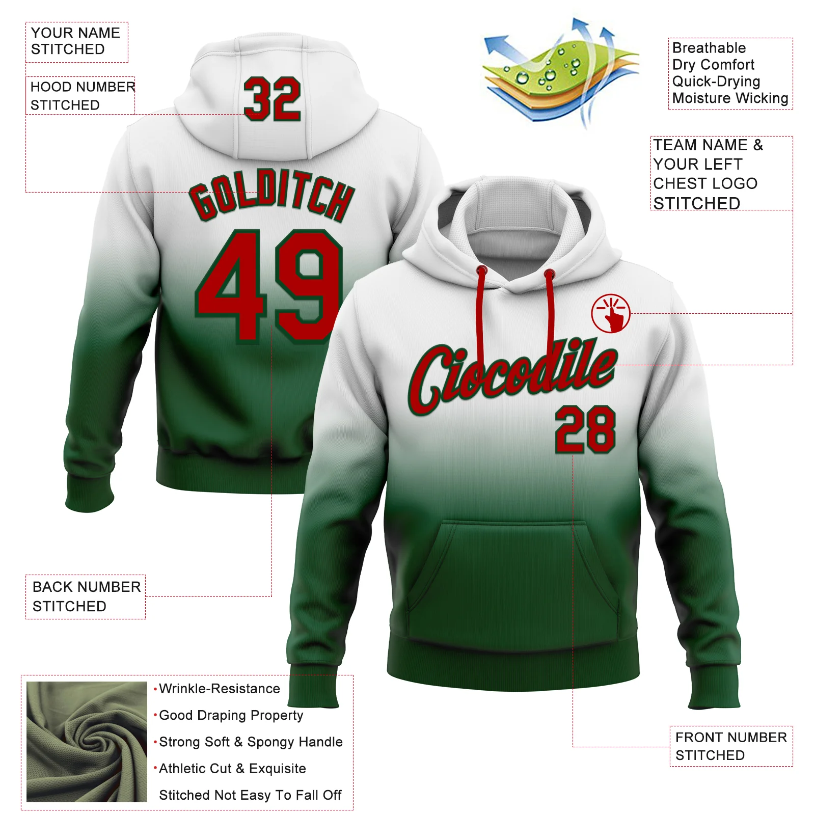 Custom Stitched White Red-Green Fade Fashion Sports Pullover Sweatshirt Hoodie - Image 2