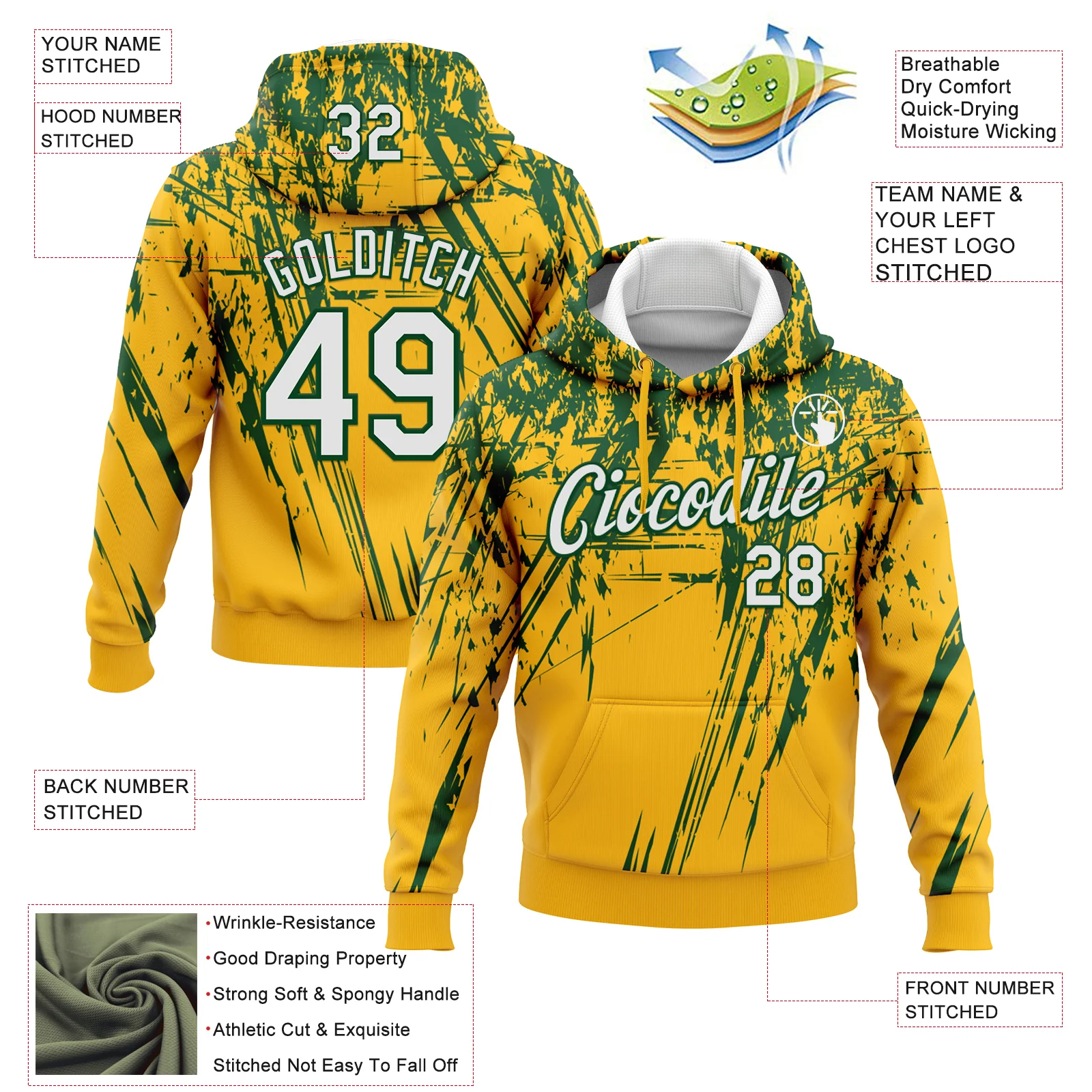 Custom Stitched Gold White-Green 3D Pattern Design Splash Grunge Art Sports Pullover Sweatshirt Hoodie - Image 2