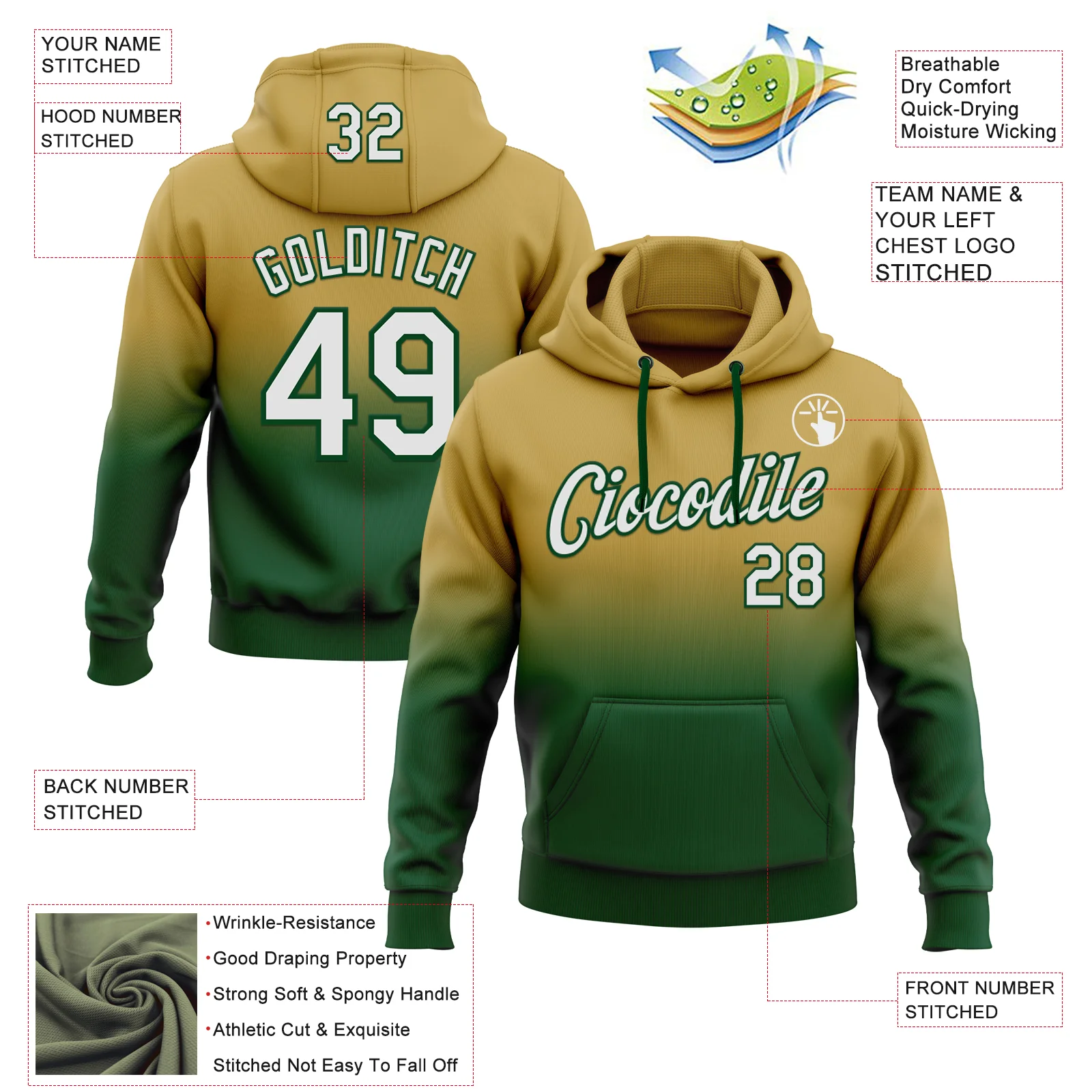 Custom Stitched Old Gold White-Green Fade Fashion Sports Pullover Sweatshirt Hoodie - Image 2