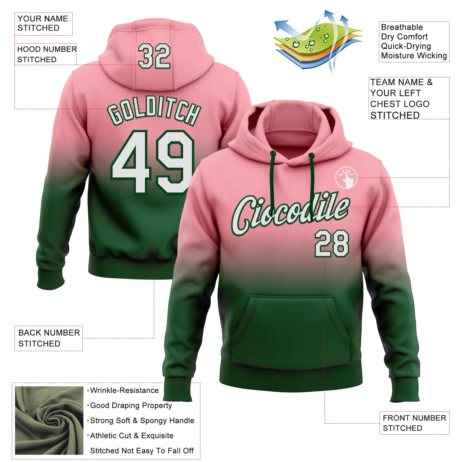 Custom Stitched Medium Pink White-Green Fade Fashion Sports Pullover Sweatshirt Hoodie - Image 2