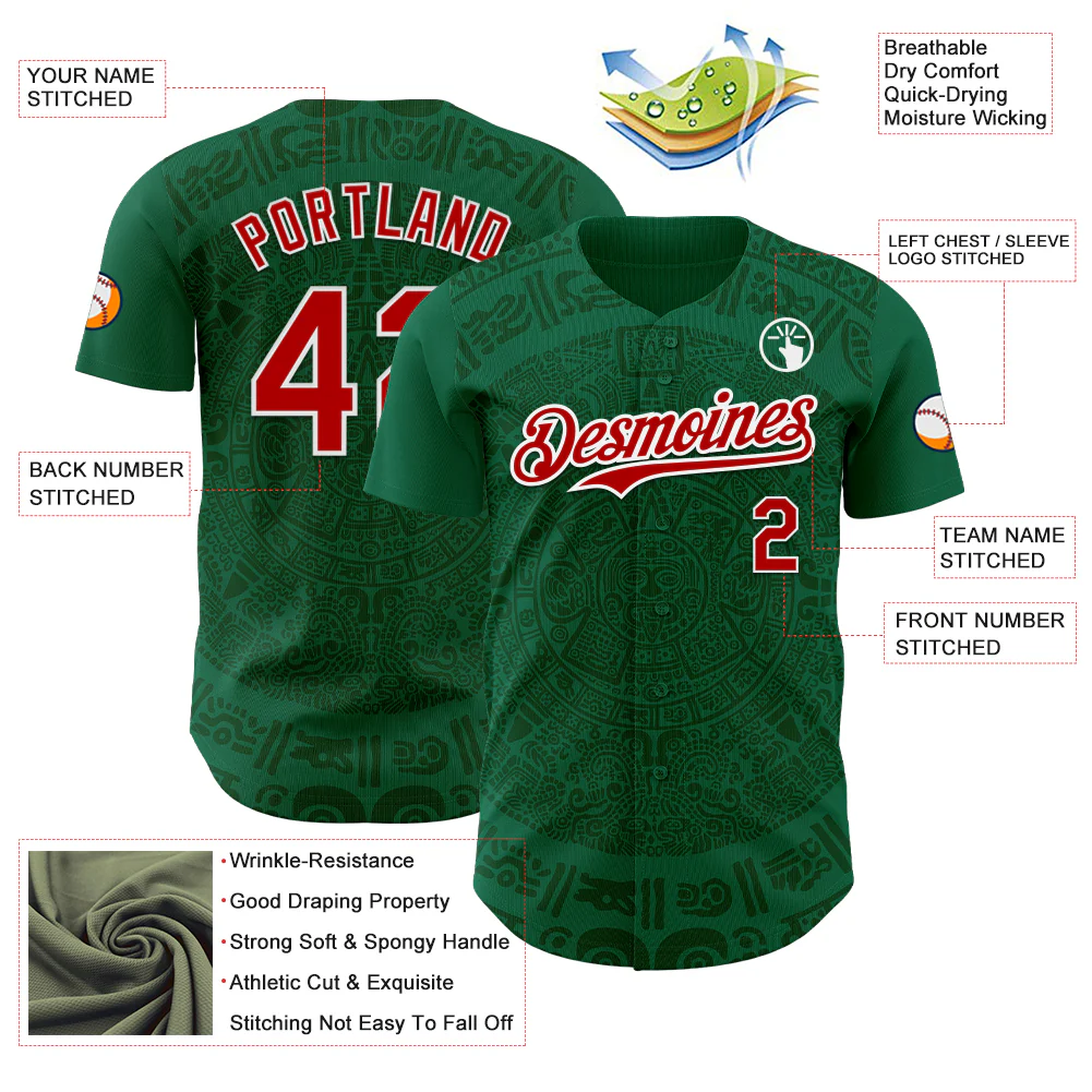 Custom Kelly Green Red Green-White 3D Mexico Authentic Baseball Jersey - Image 3